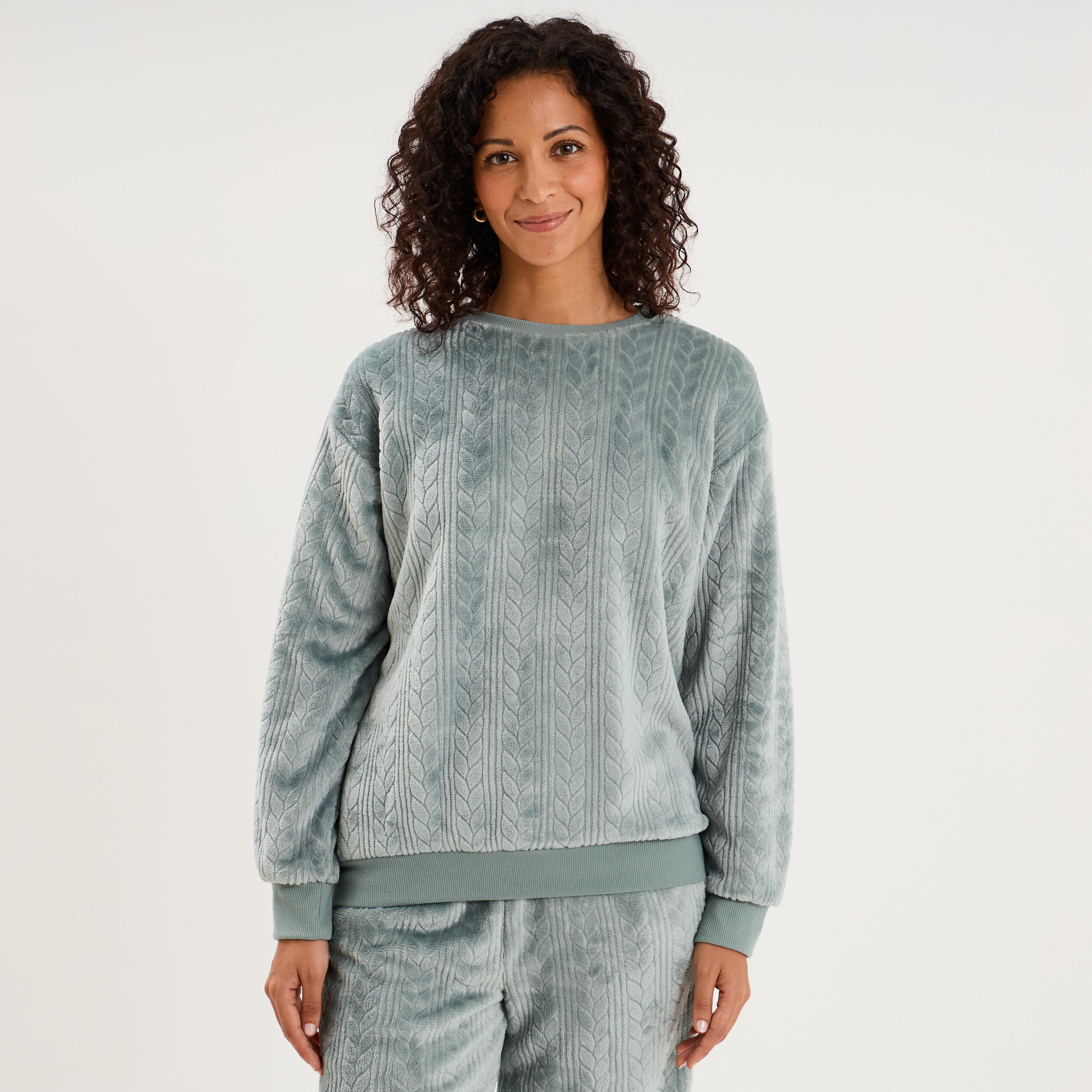 Haut de pyjama sweat polaire torsad&eacute; bleu gris femme