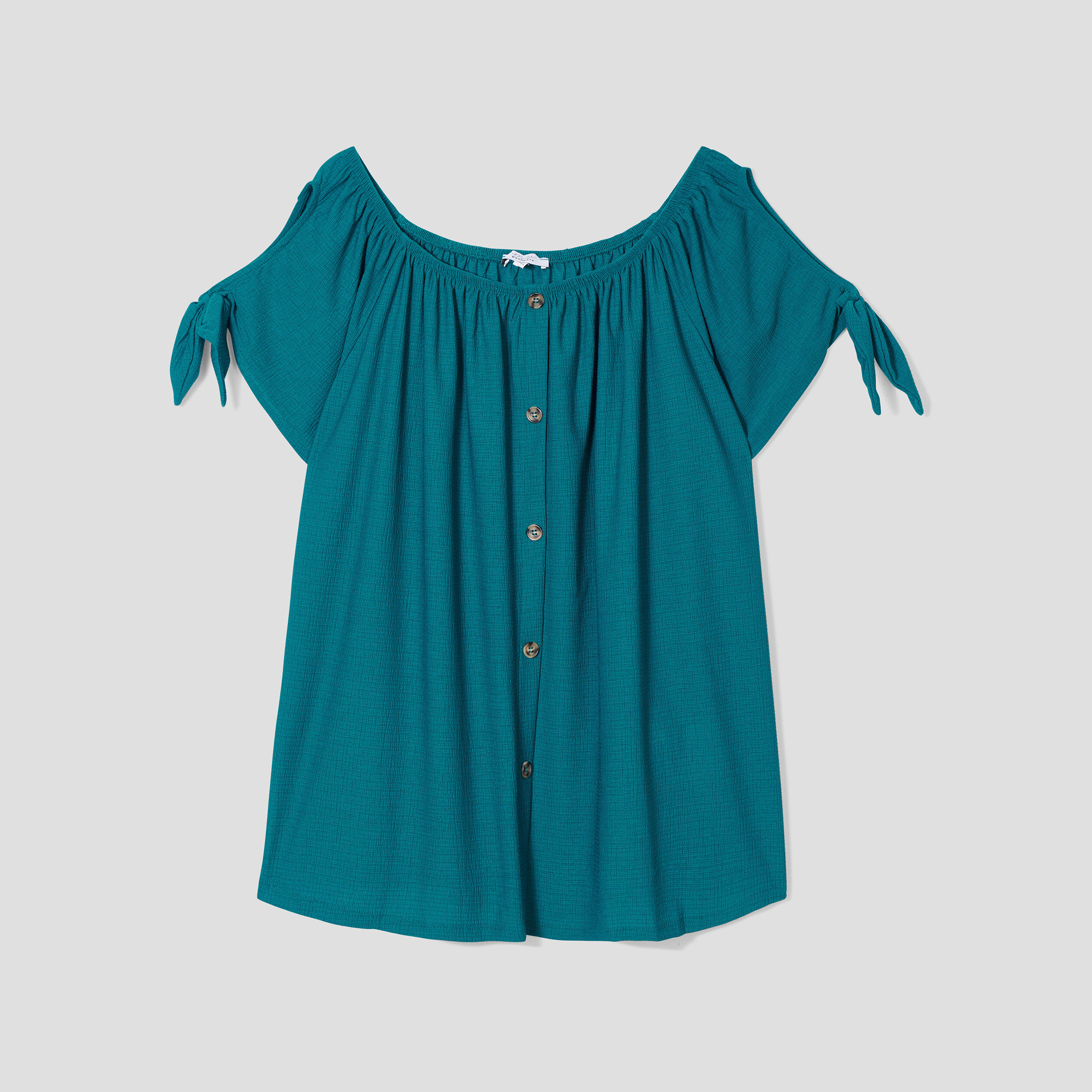 T-shirt col bardot manches noeuds bleu canard femme grande taille