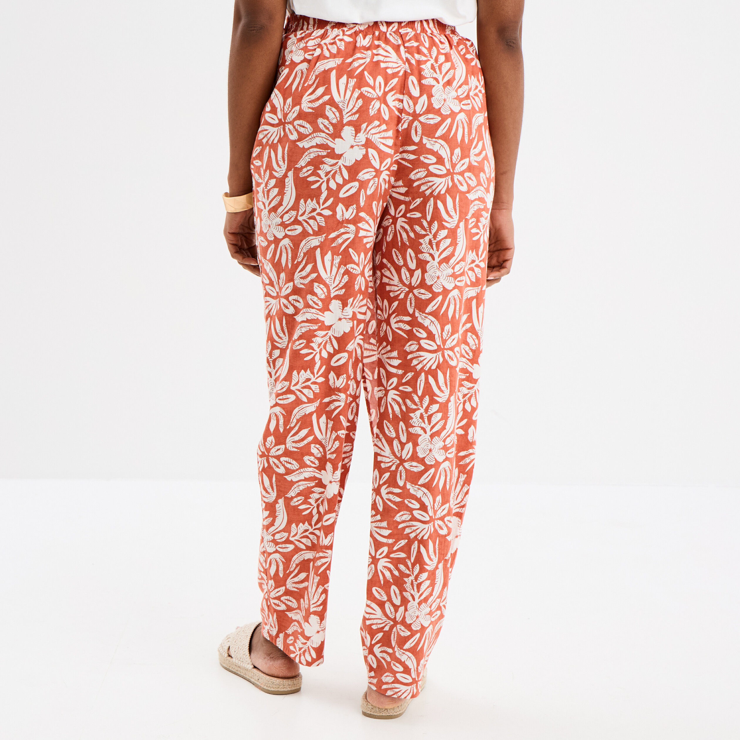 pantalon avec pan noue melange lin terracotta femme Pantalon avec pan noué mélange lin terracotta femme