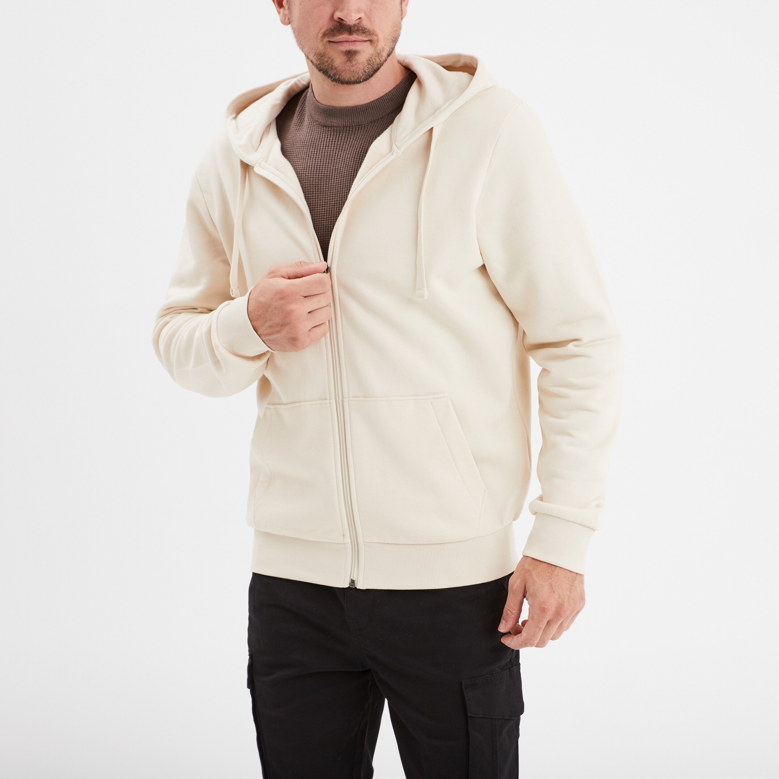 sweat zippe molleton a capuche ecru homme Sweat zippé molleton à capuche ecru homme