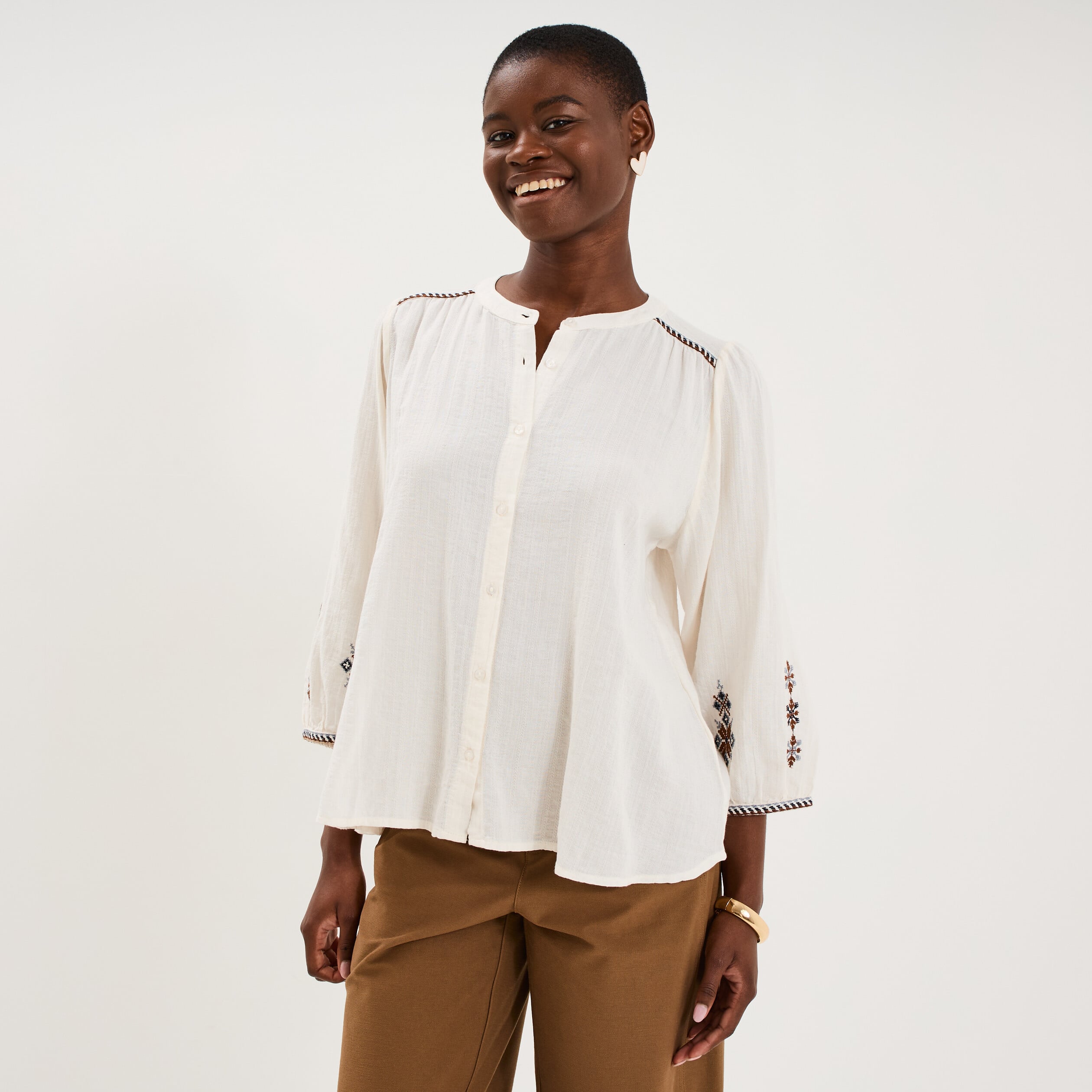 Blouse brod&eacute;e oversize manches 3/4 ecru femme