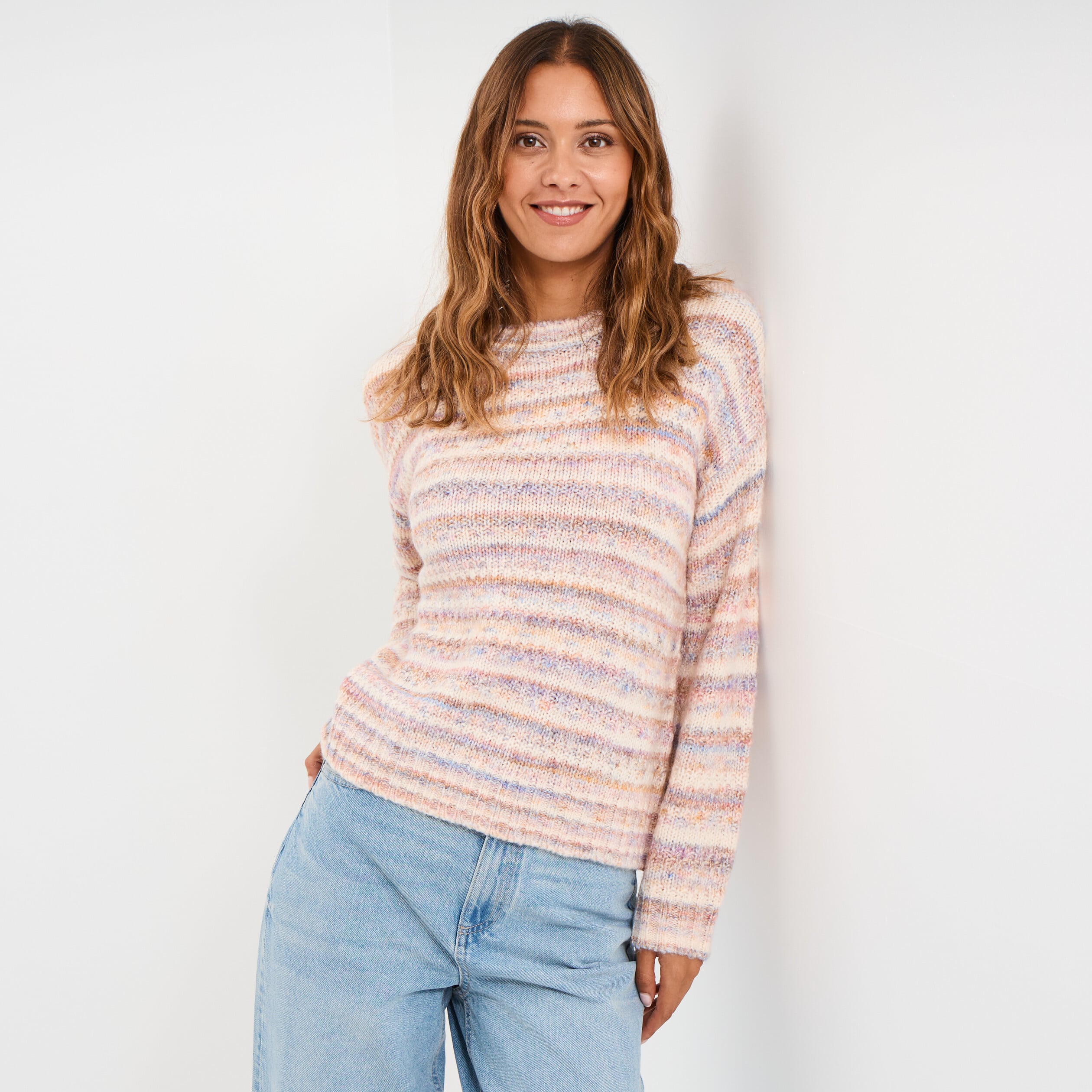 Pull droit col rond manches longues multicolore femme
