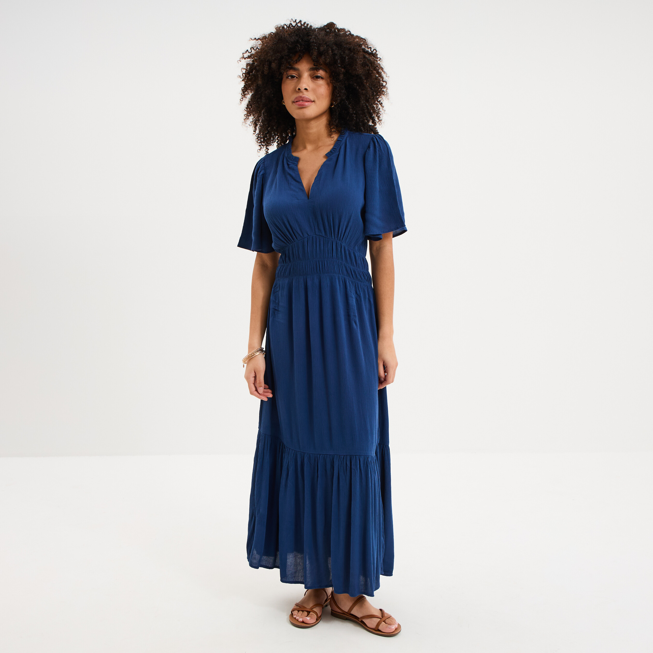 Robe longue col tunisien manches courtes bleu marine femme