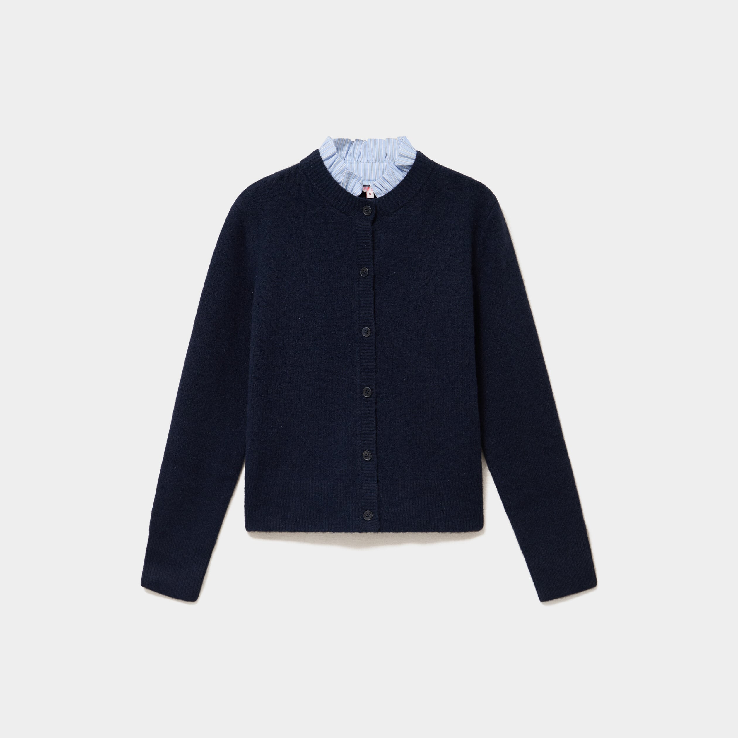 Gilet col rond boutonn&eacute; 2 en 1 bleu fonc&eacute; femme