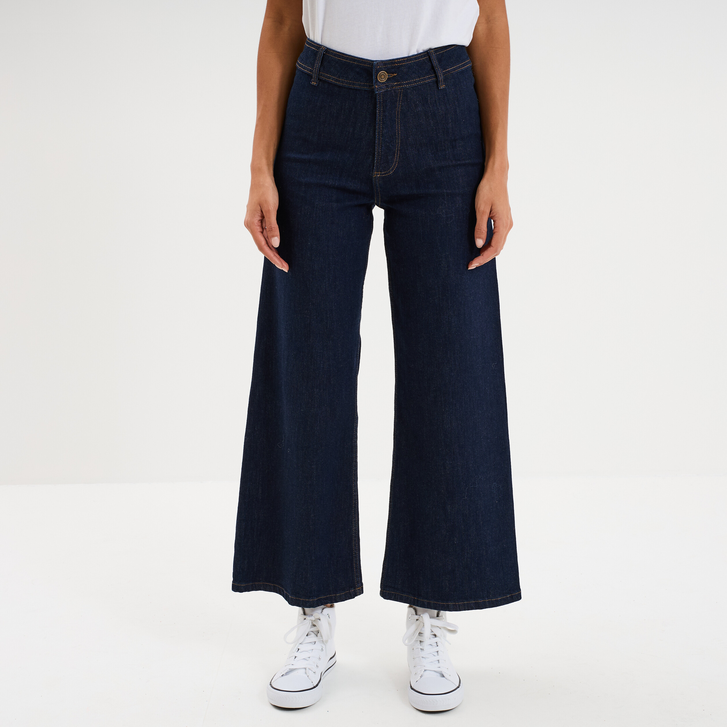 Jeans flare 7/8&egrave;me taille haute coton denim brut femme