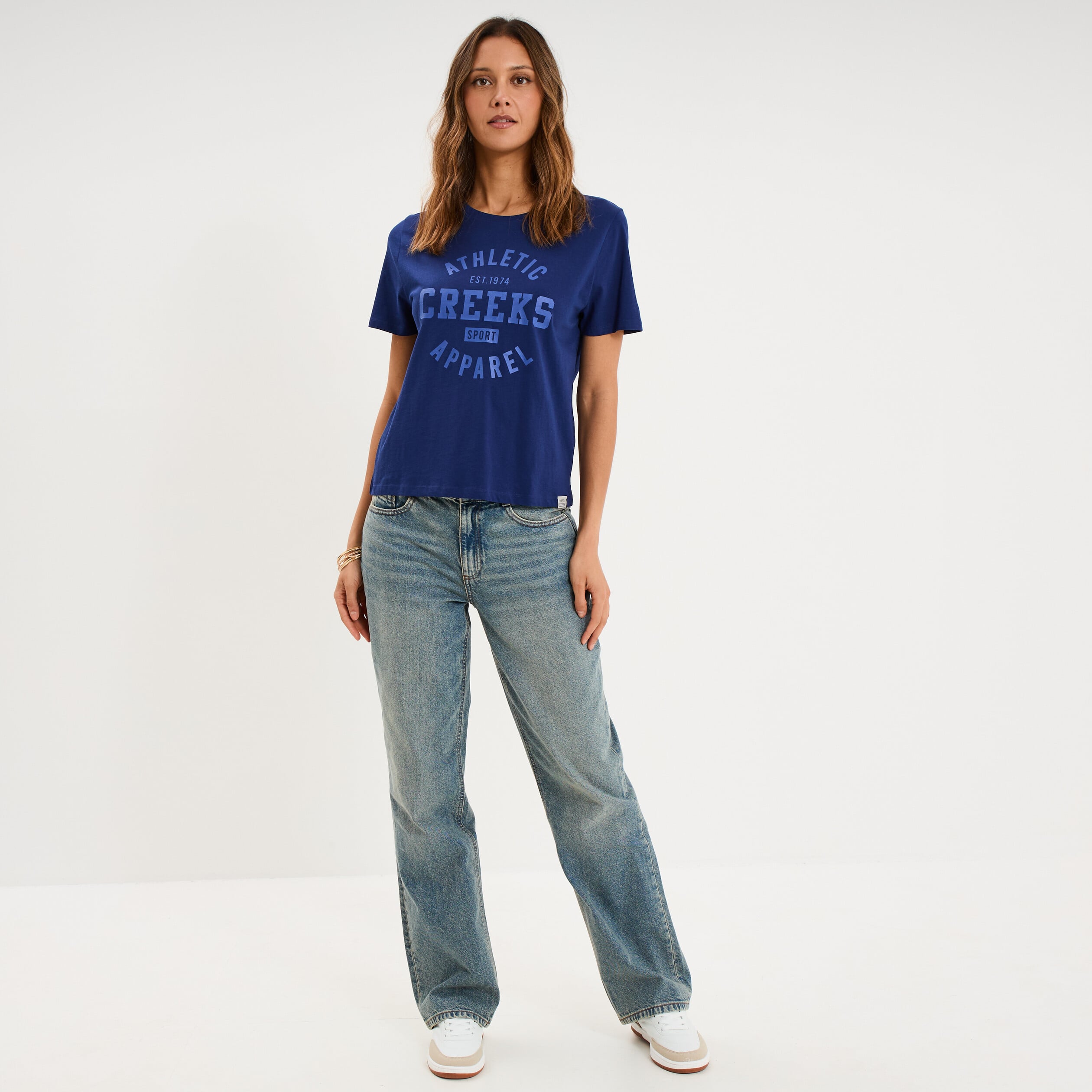 T-shirt col rond manches courtes bleu fonc&eacute; femme