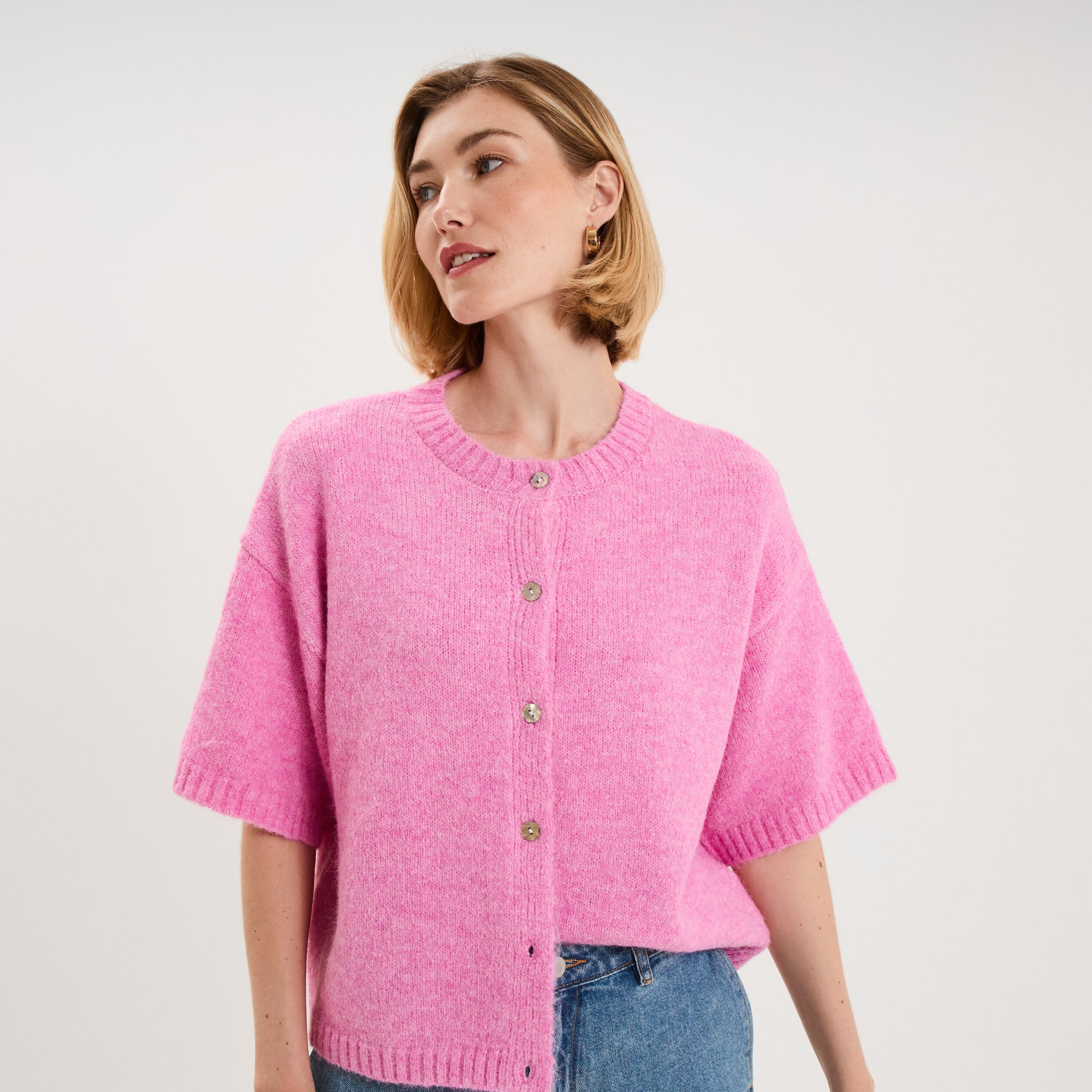 Gilet boutonn&eacute; manches courtes col rond rose femme
