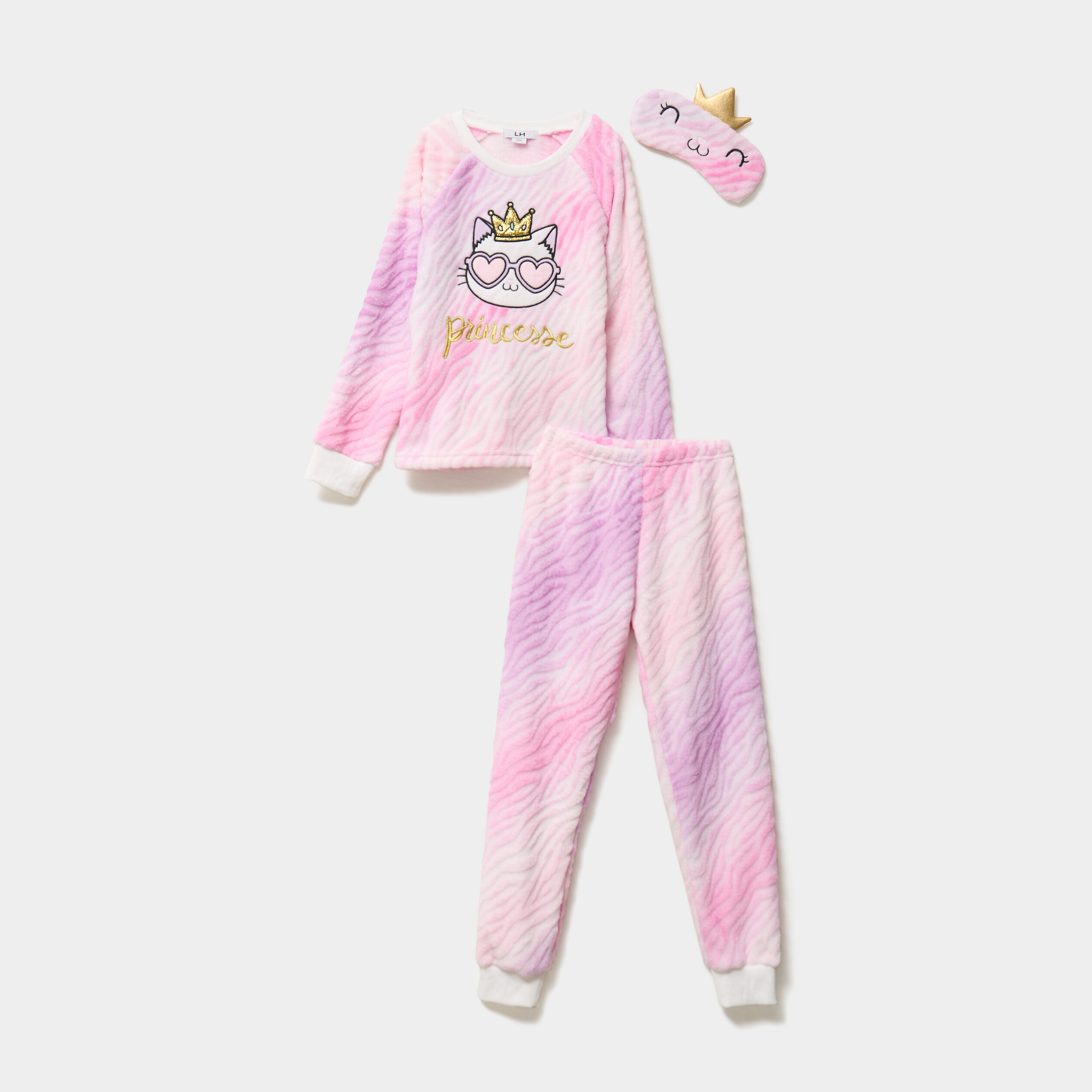 Ensemble pyjama 3 pi&egrave;ces effet velours multicolore fille