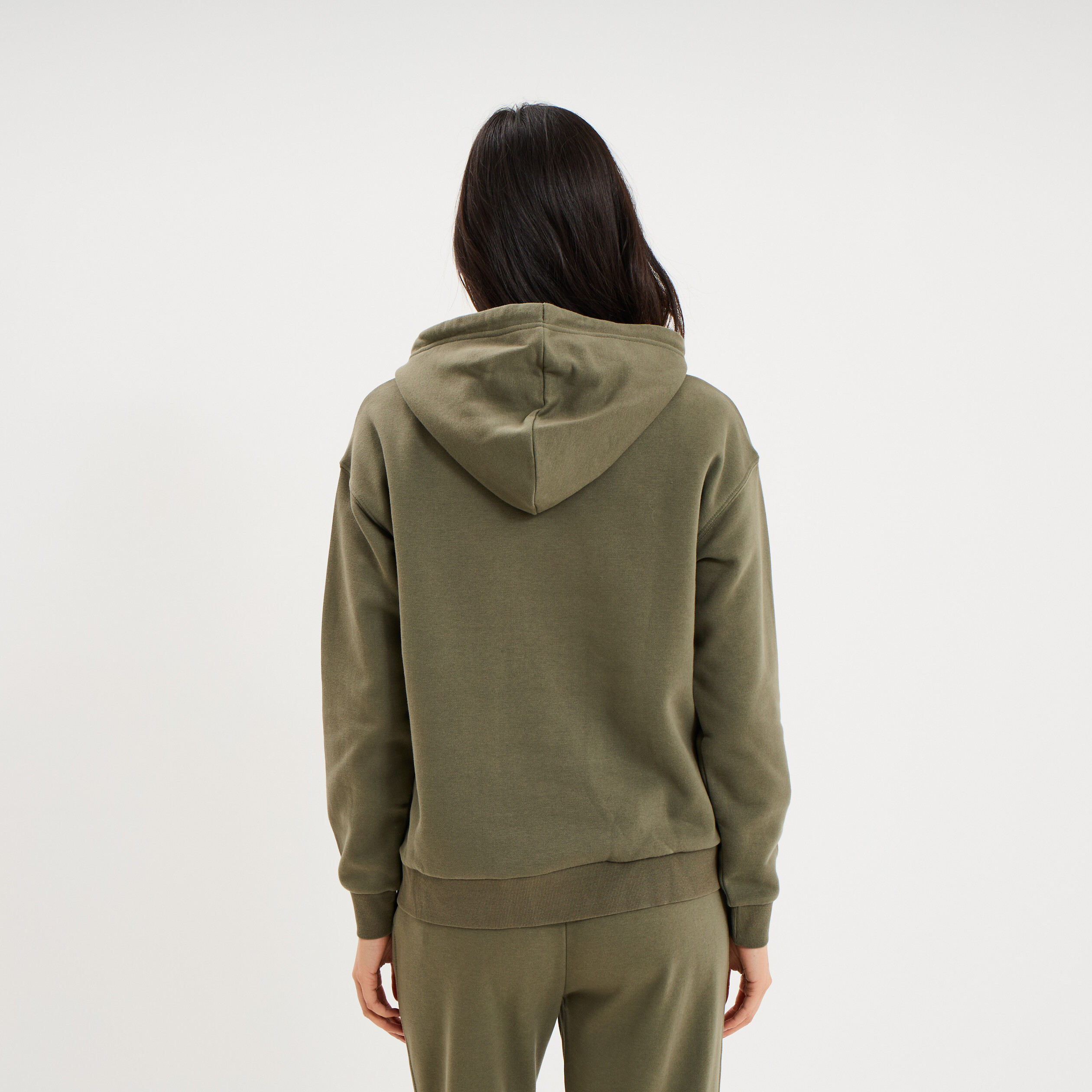 Sweat hoodie 1 poche &agrave; capuche vert kaki femme