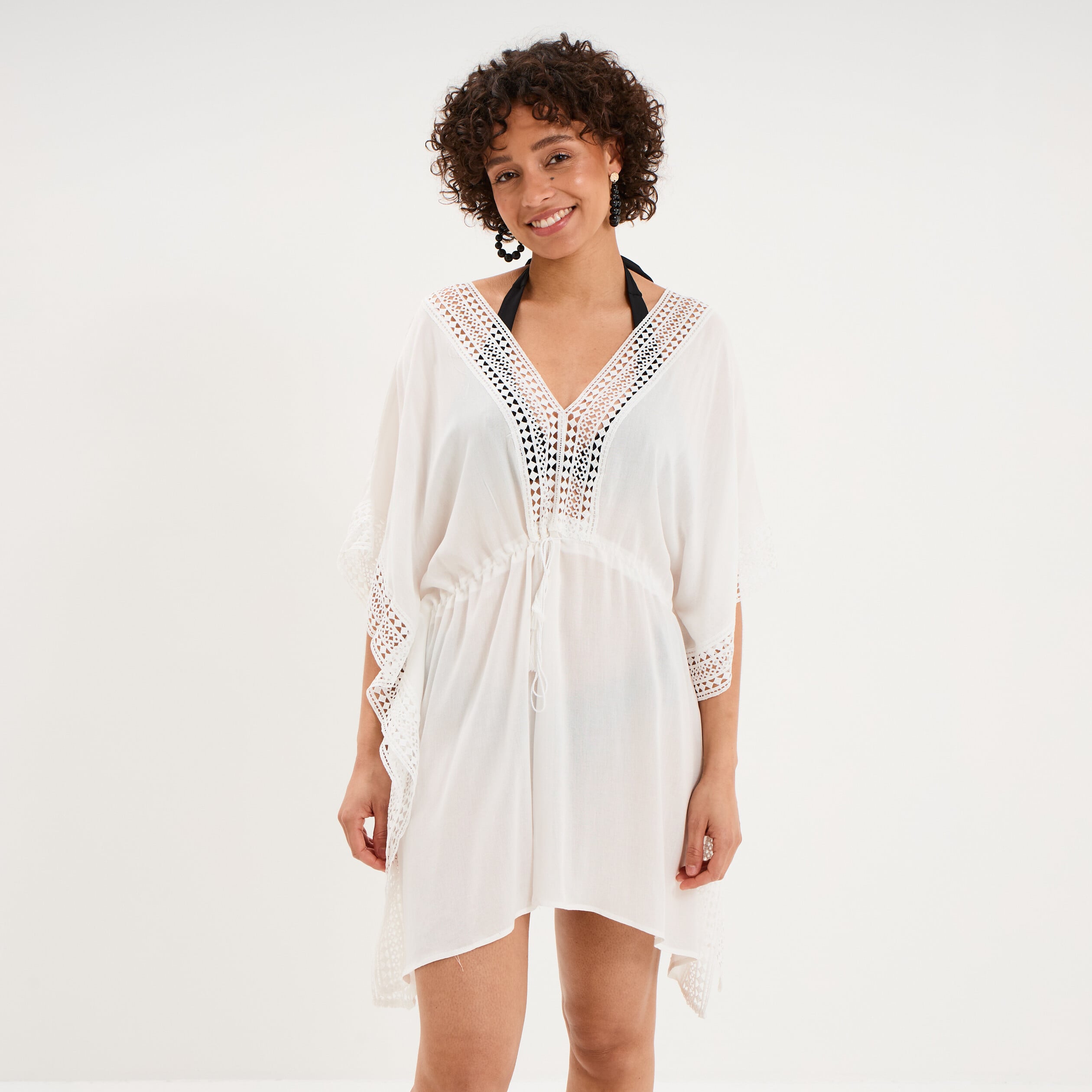 Robe de plage d&eacute;tails macram&eacute; ivoire femme