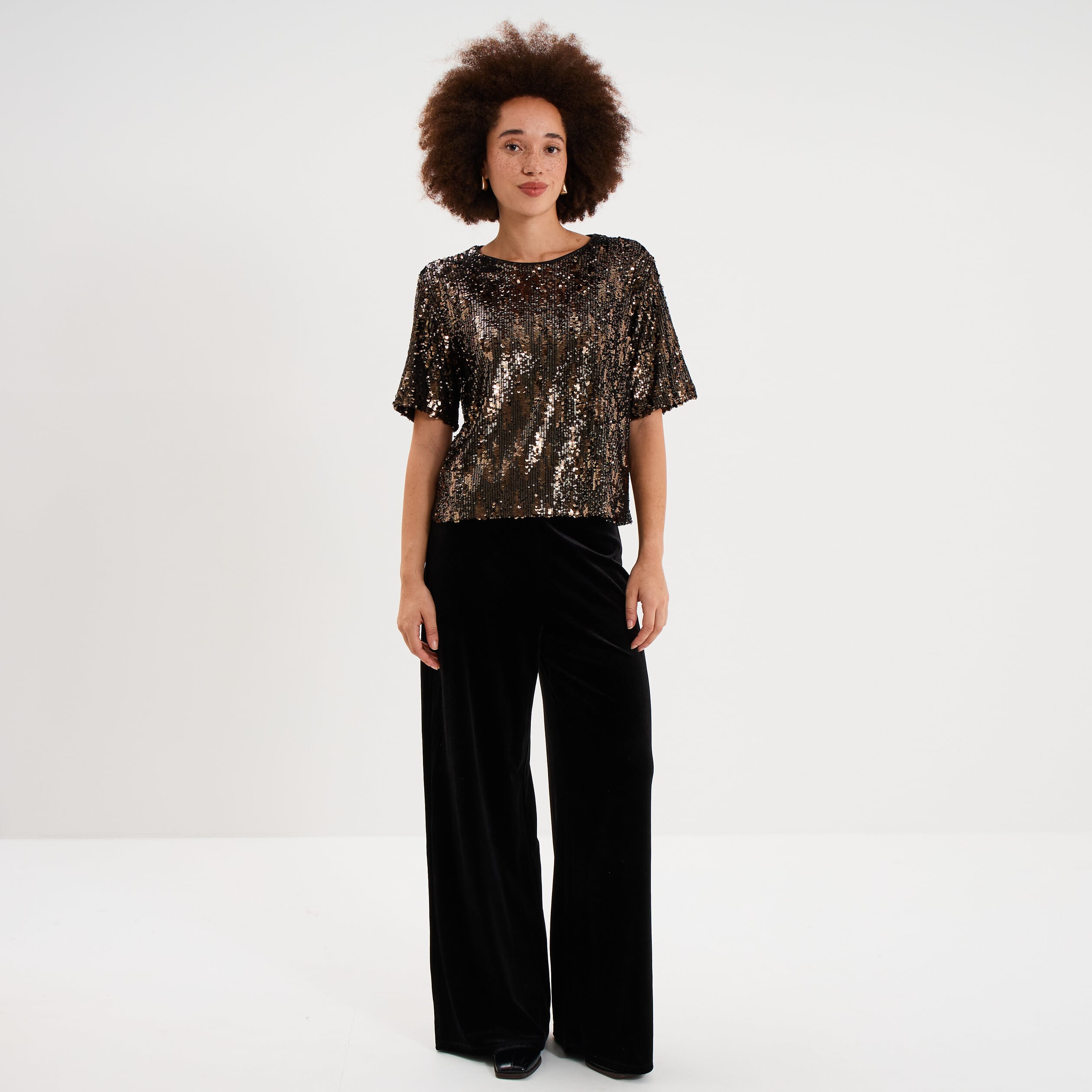 T-shirt &agrave; sequins manches courtes couleur cuivre femme