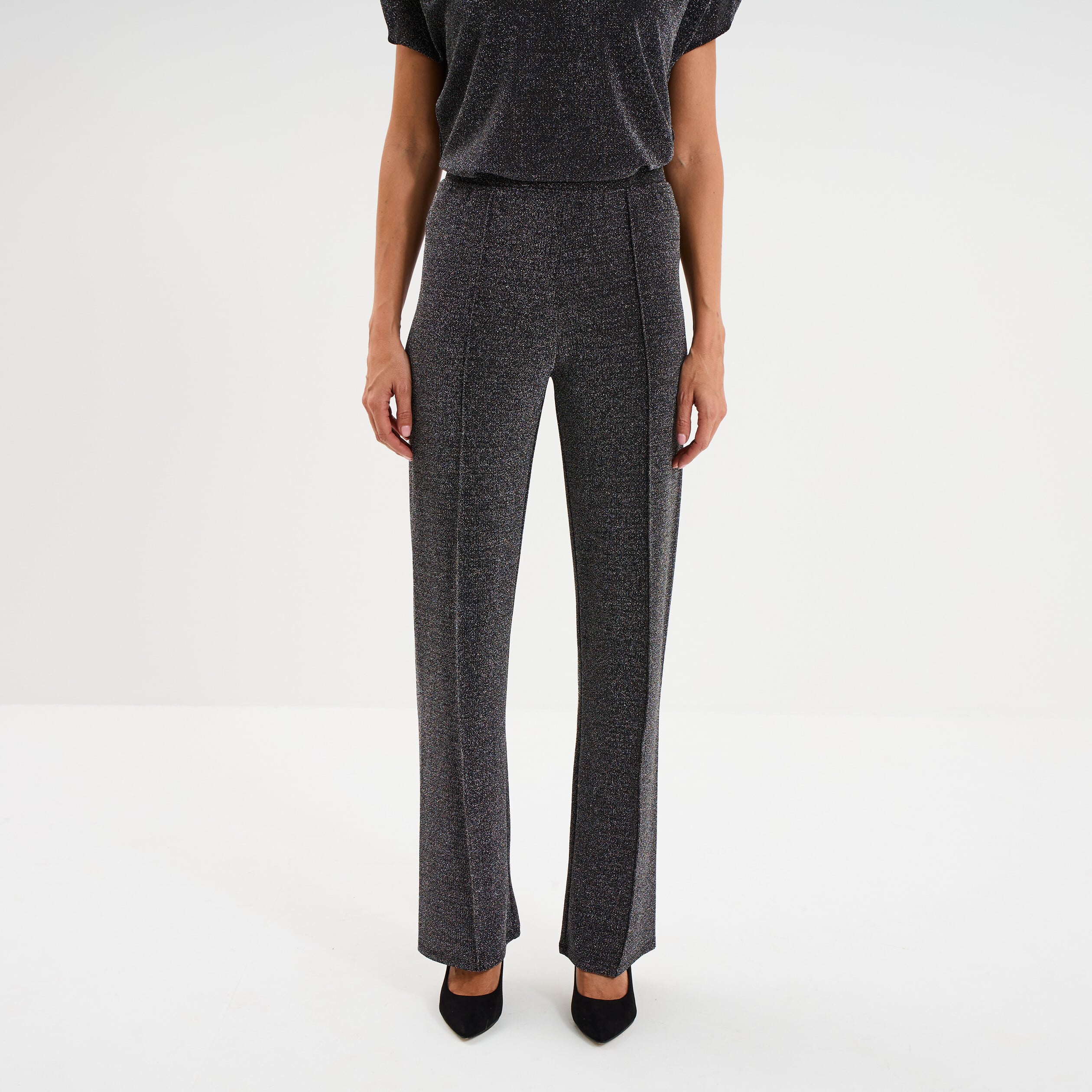 Pantalon flare fils m&eacute;tallis&eacute;s gris argent femme