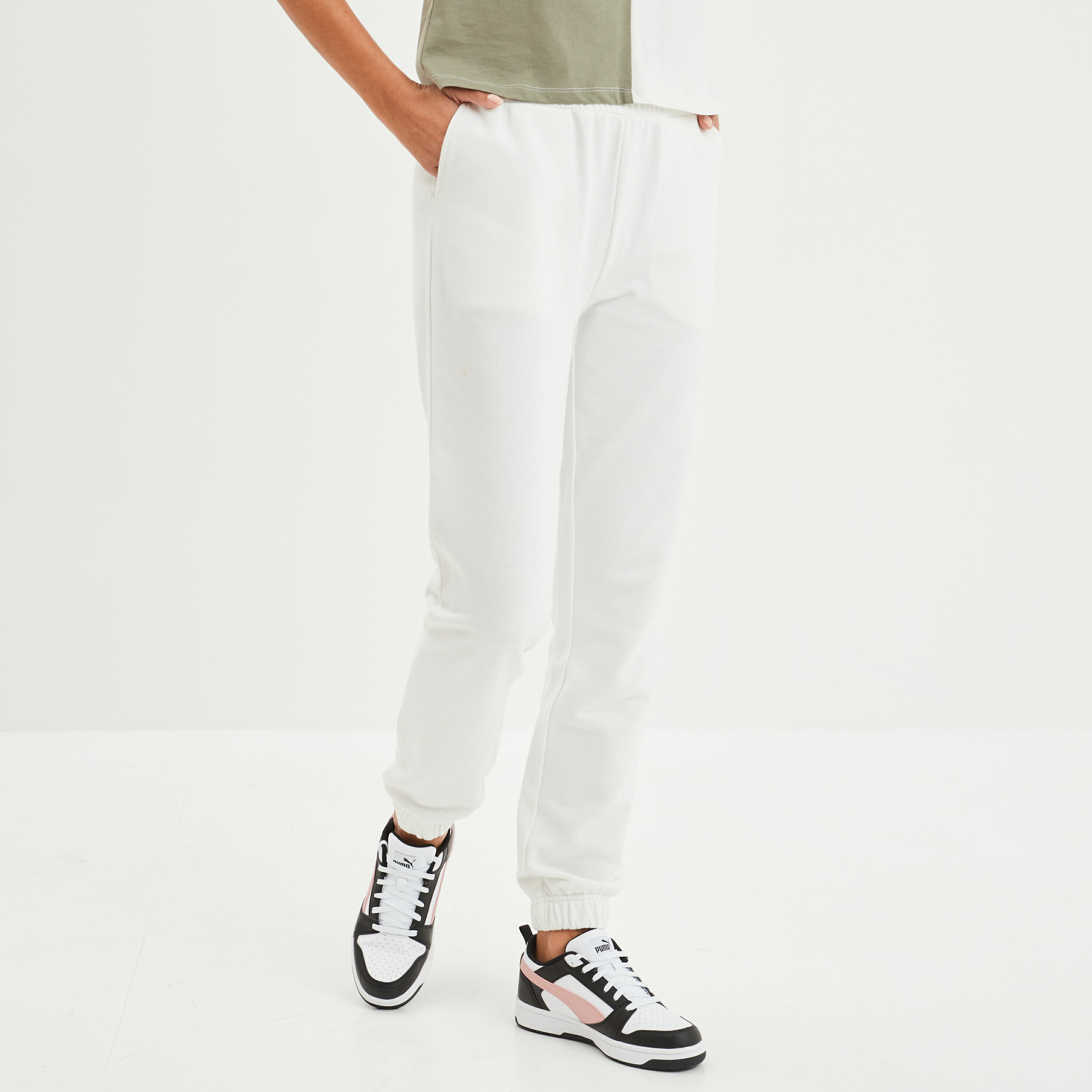 Pantalon jogging slim taille élastiquée blanc femme