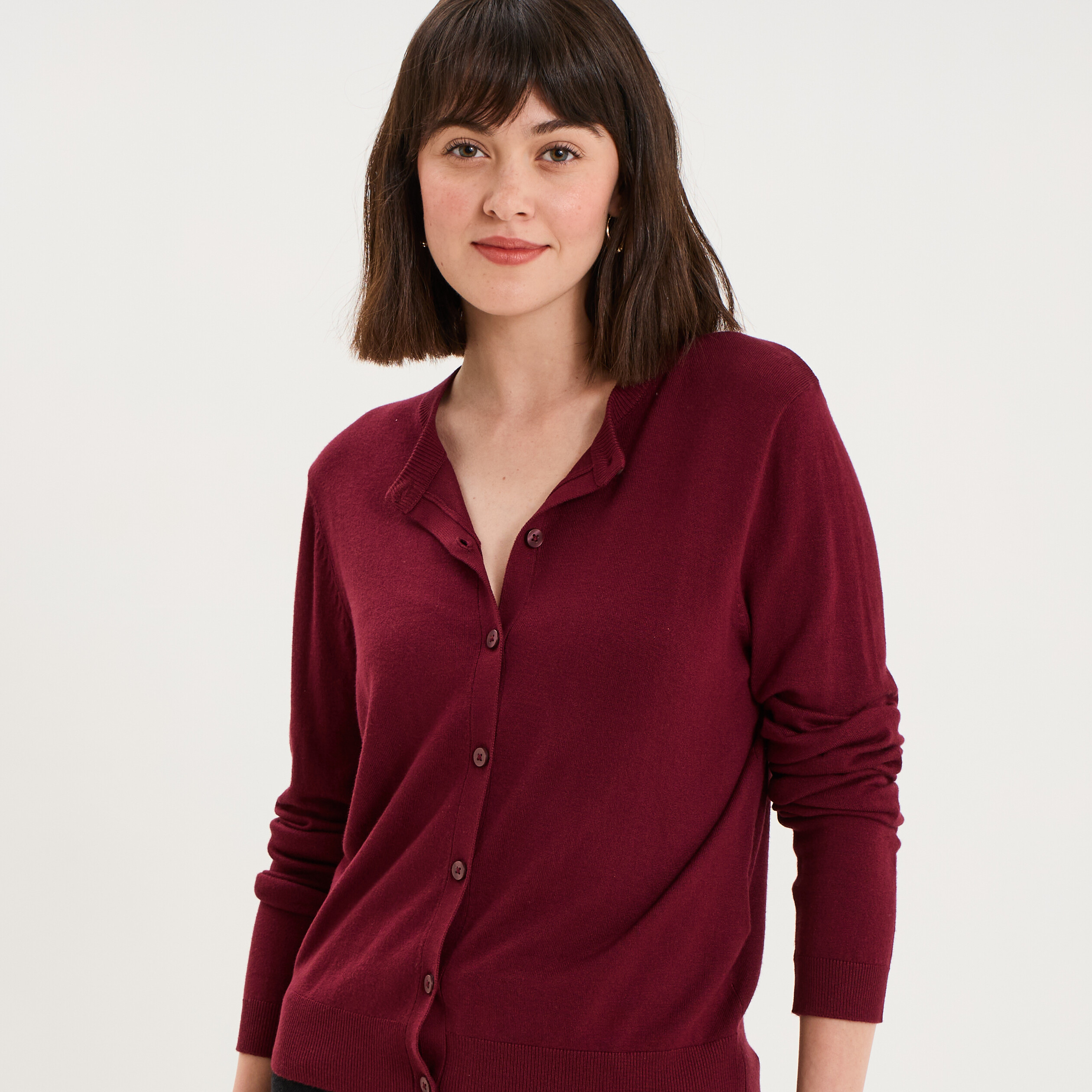 Gilet col rond manches longues bordeaux femme