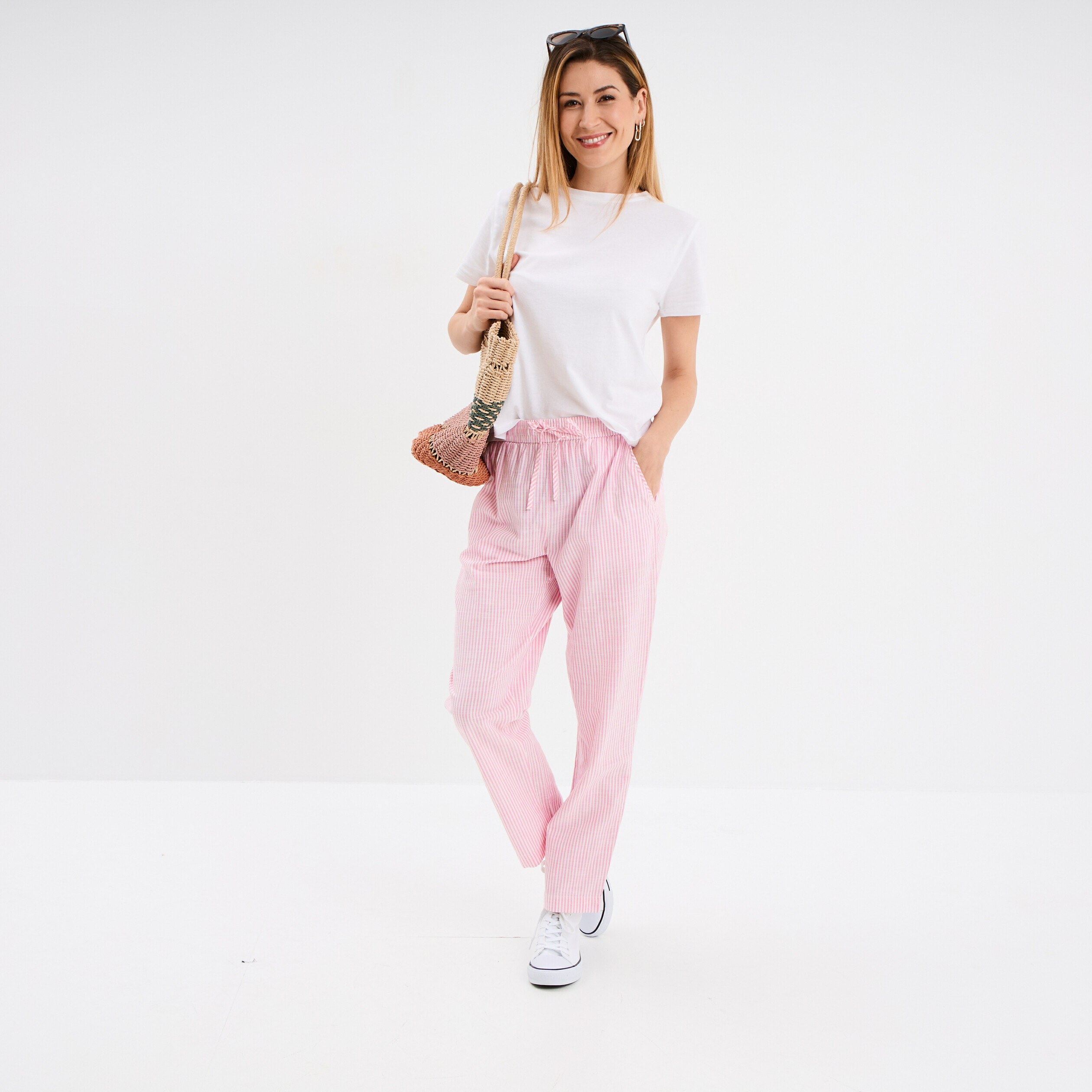 pantalon cigarette coton elastique rose clair femme Pantalon cigarette coton élastiqué rose clair femme