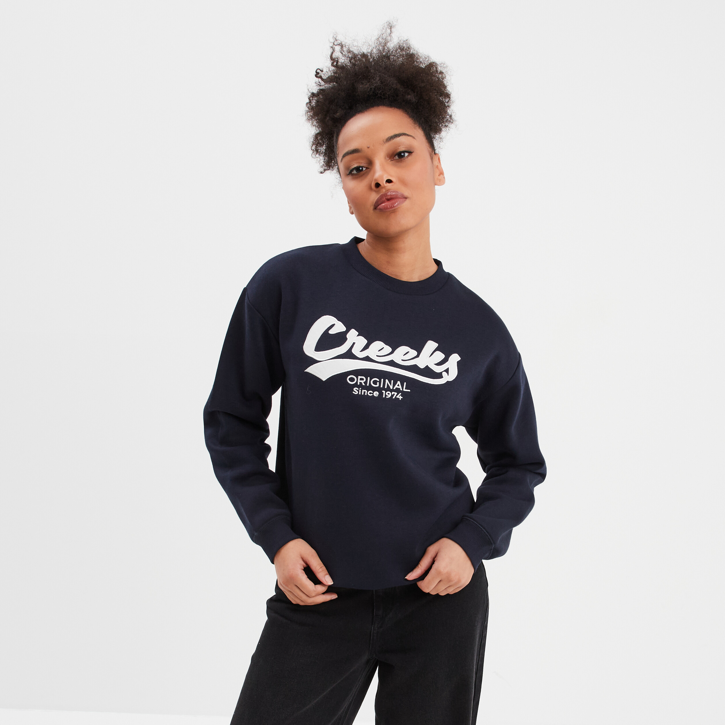 Sweat molleton col rond manches longues bleu fonc&eacute; femme