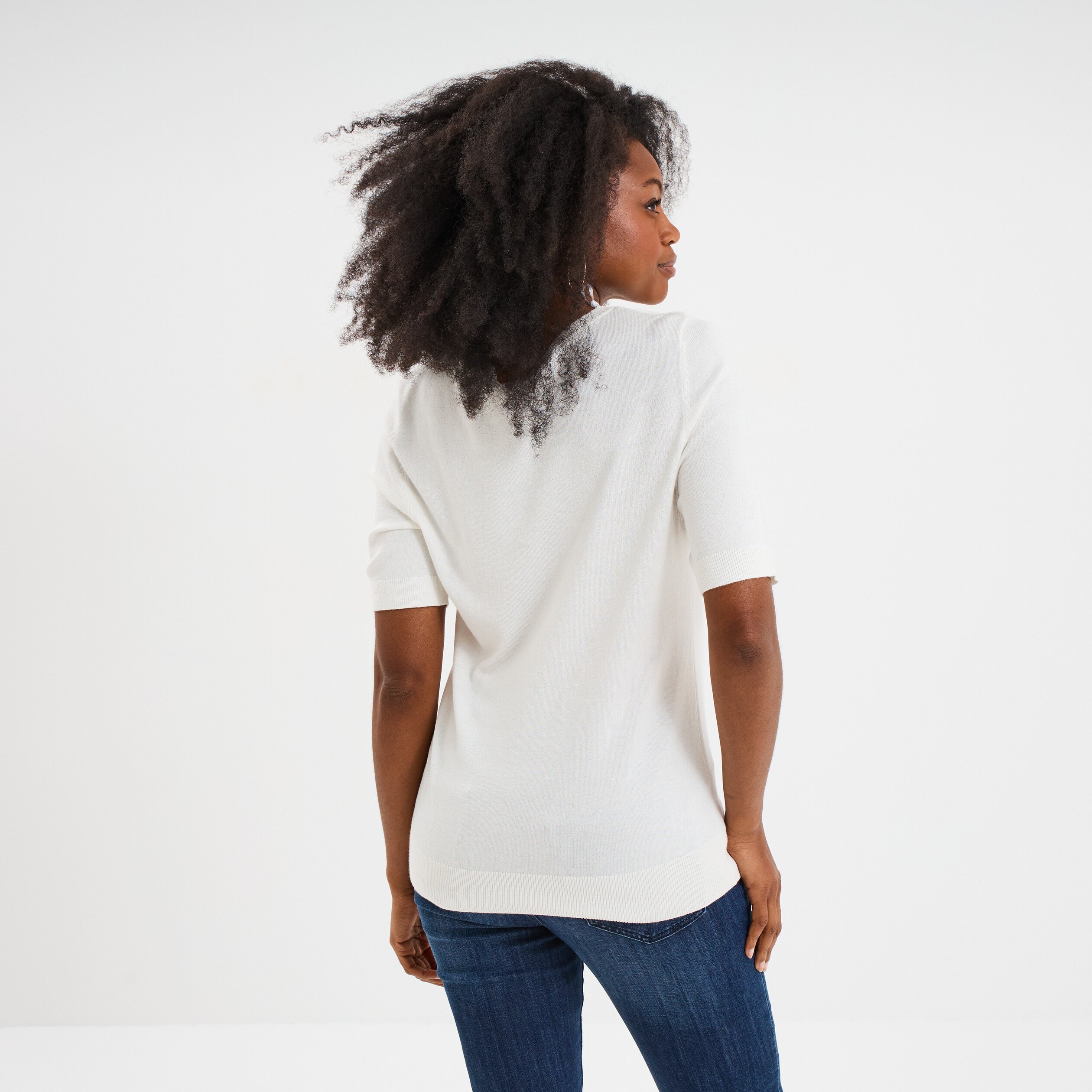 Pull manches courtes col rond blanc femme