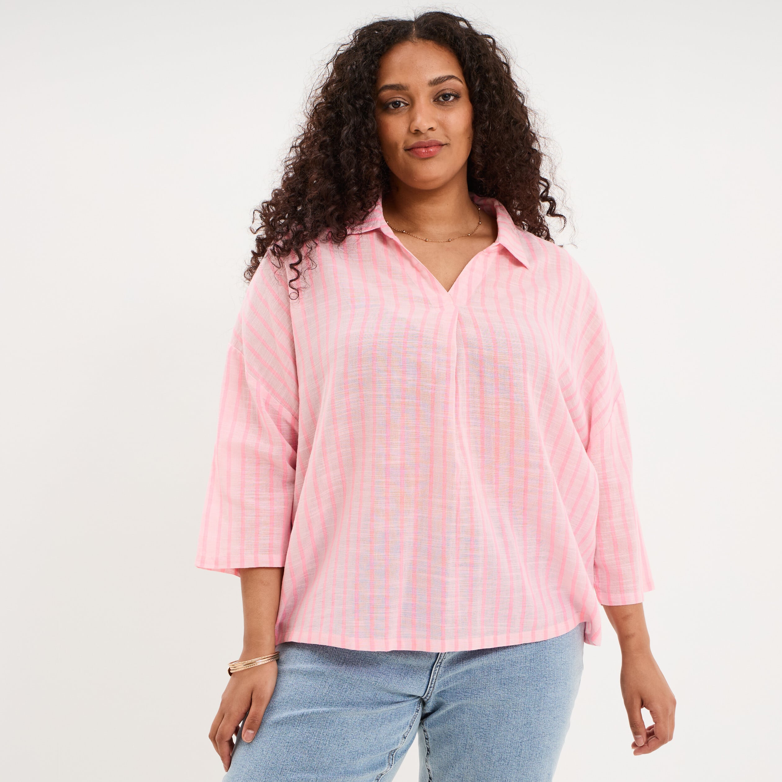 Blouse oversize manches 3/4 coton rose femme grande taille
