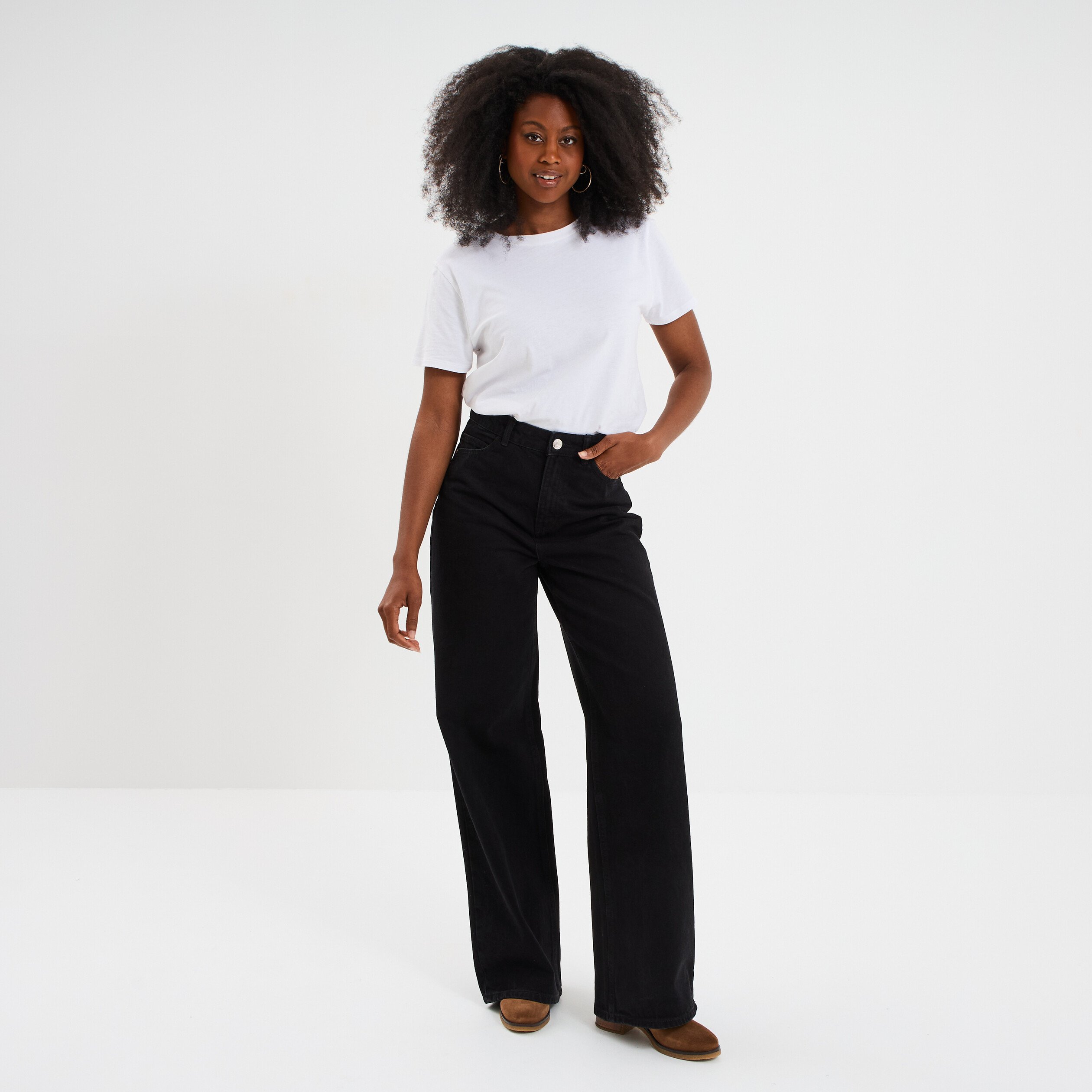 jeans large coton denim noir femme Jeans large coton denim noir femme