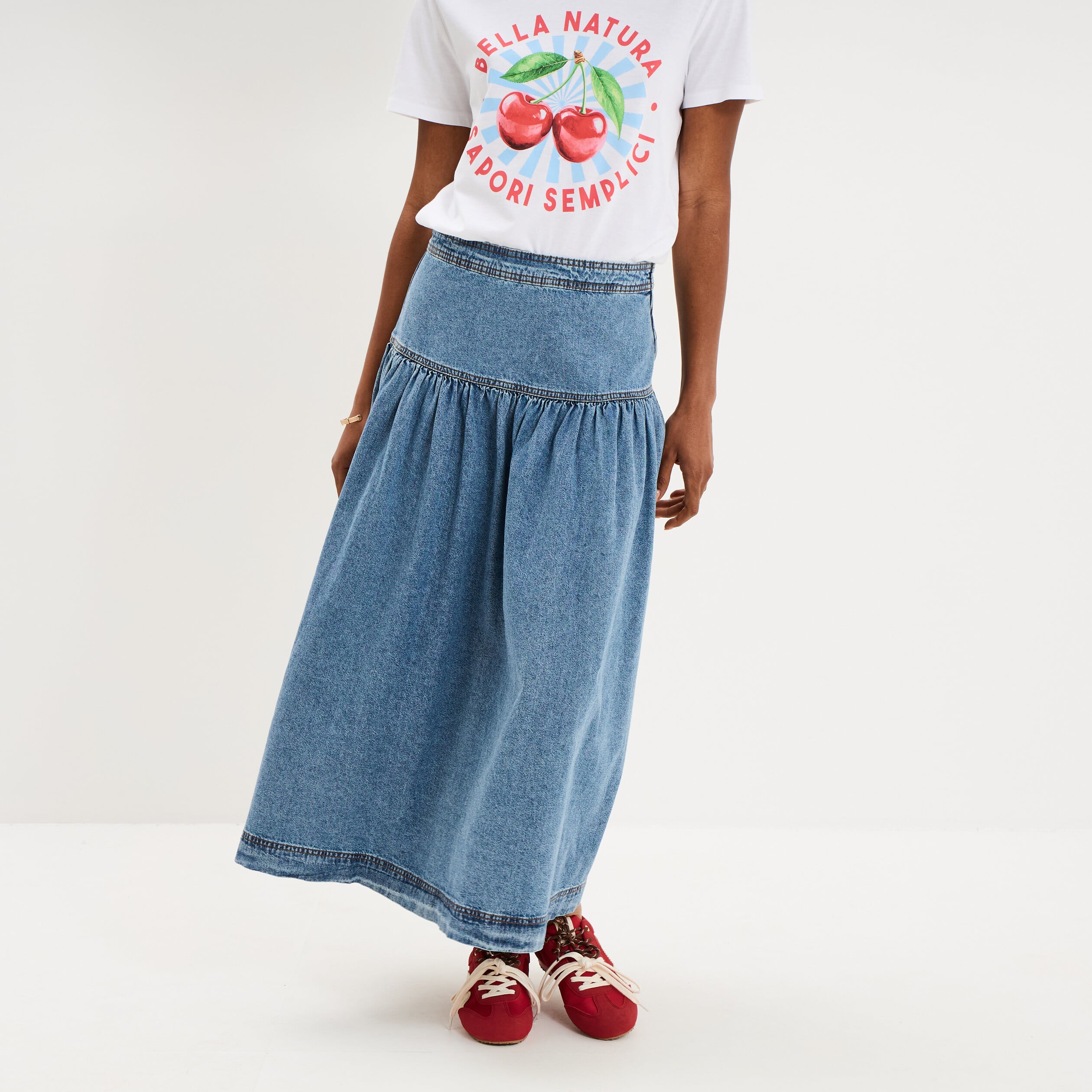 Jupe longue en jean large coton denim stone femme
