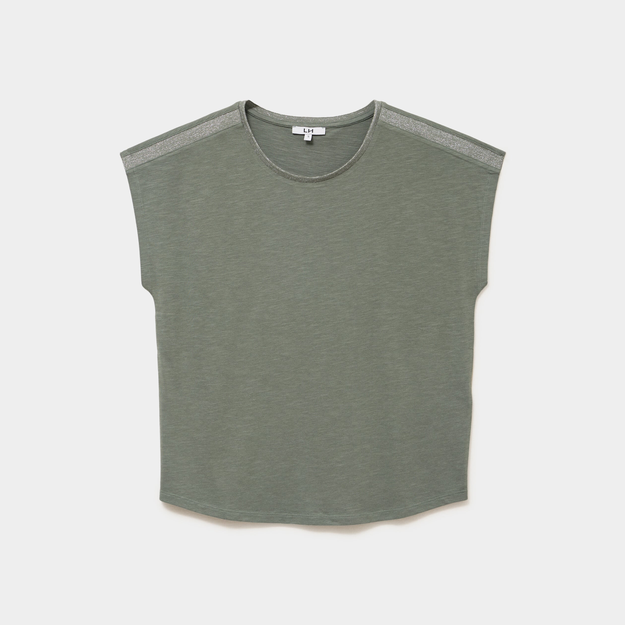 T-shirt col rond manches courtes vert kaki femme