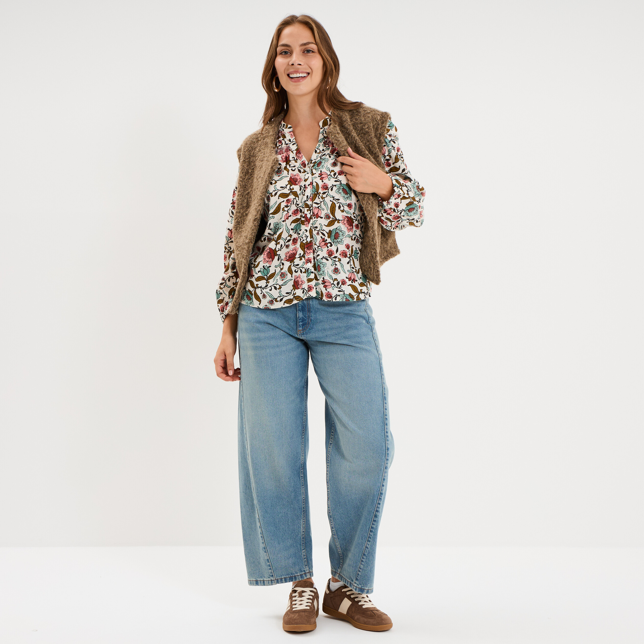 Chemise fluide &eacute;paules smock&eacute;es multicolore femme