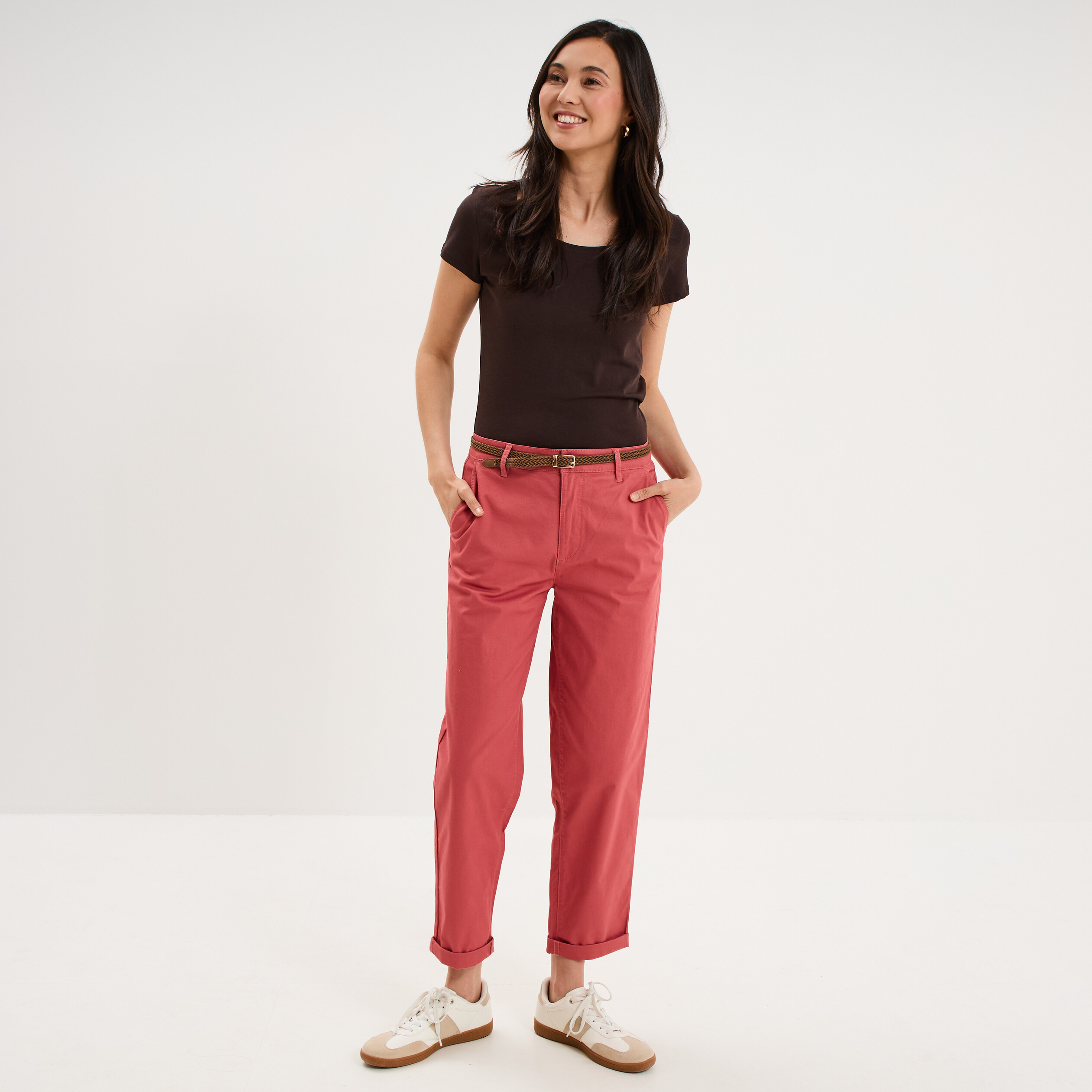 Pantalon chino regular ceinture tress&eacute;e vieux rose femme