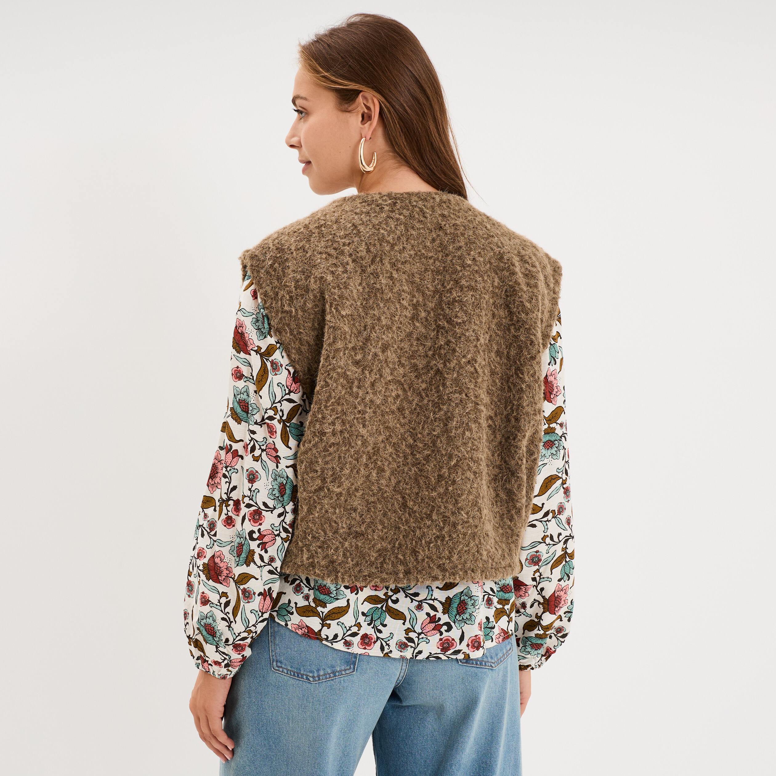 Veste sans manches effet bouclette vert kaki femme