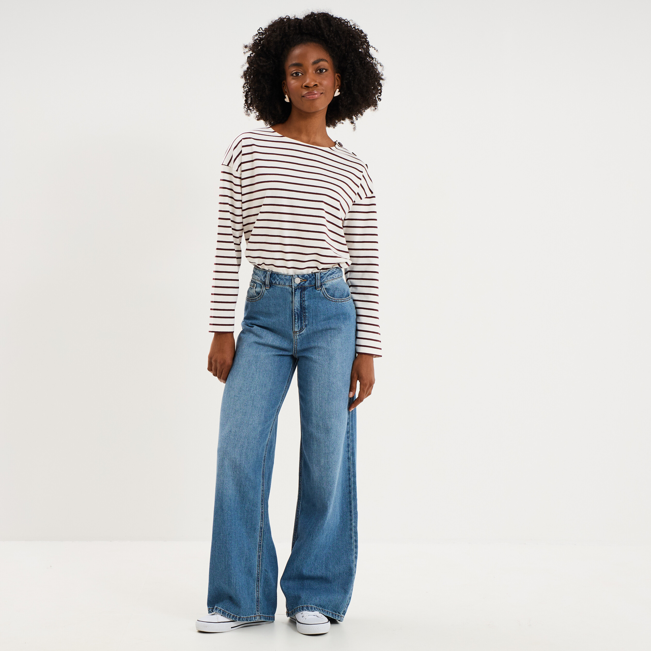 T-shirt marini&egrave;re col rond avec boutons ecru femme