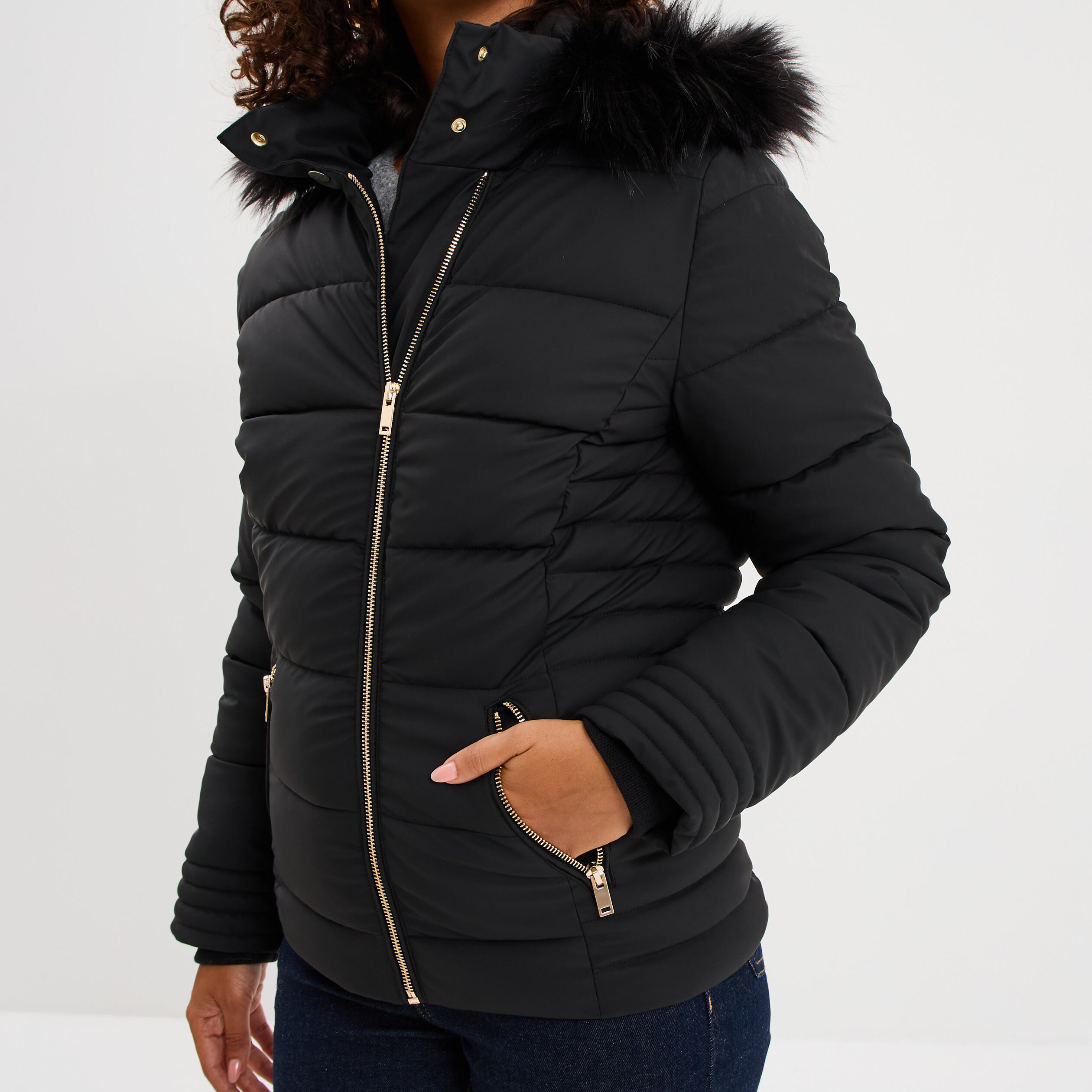 Doudoune simili cuir &agrave; capuche noir femme