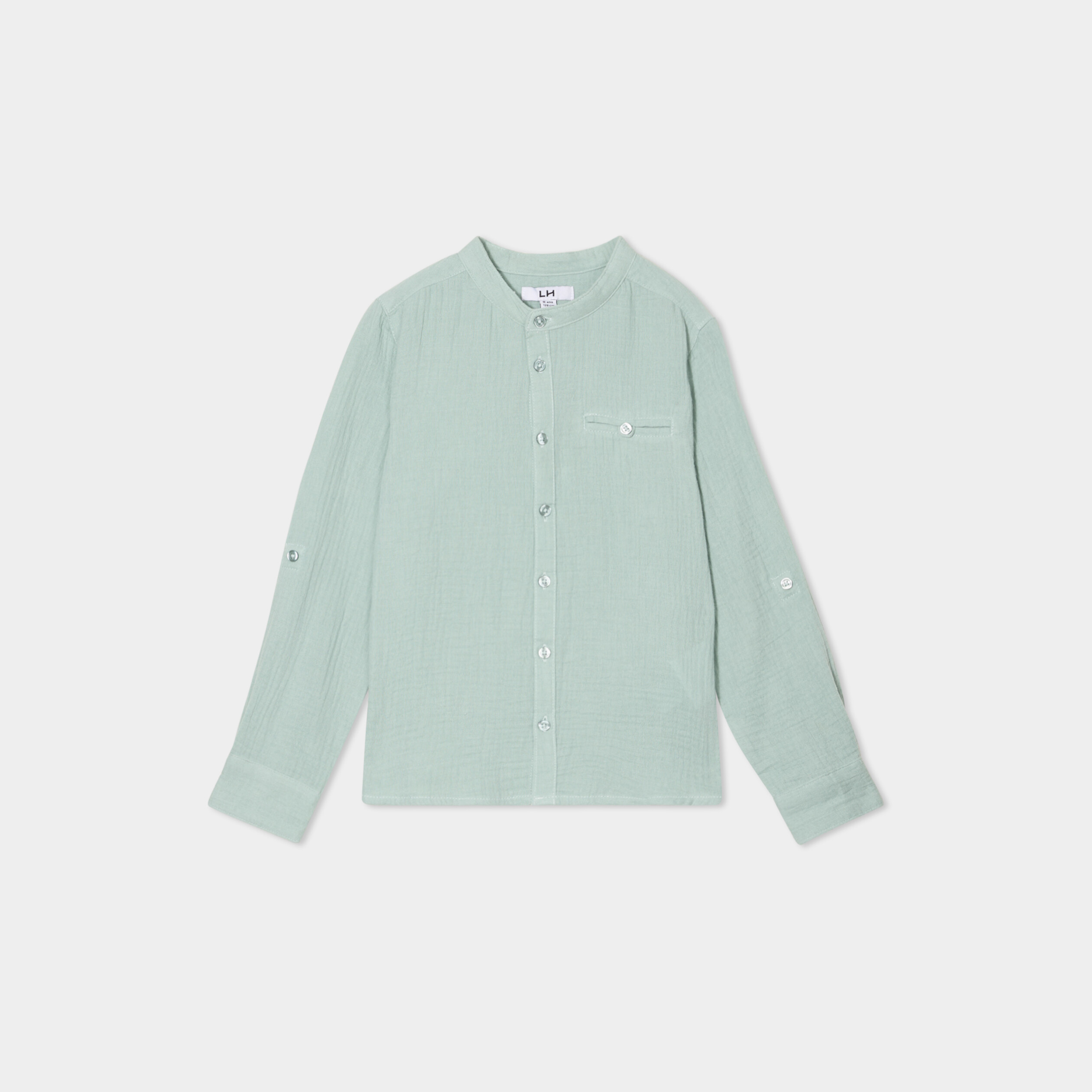 Chemise gaze coton manches retroussables vert kaki gar&ccedil;on