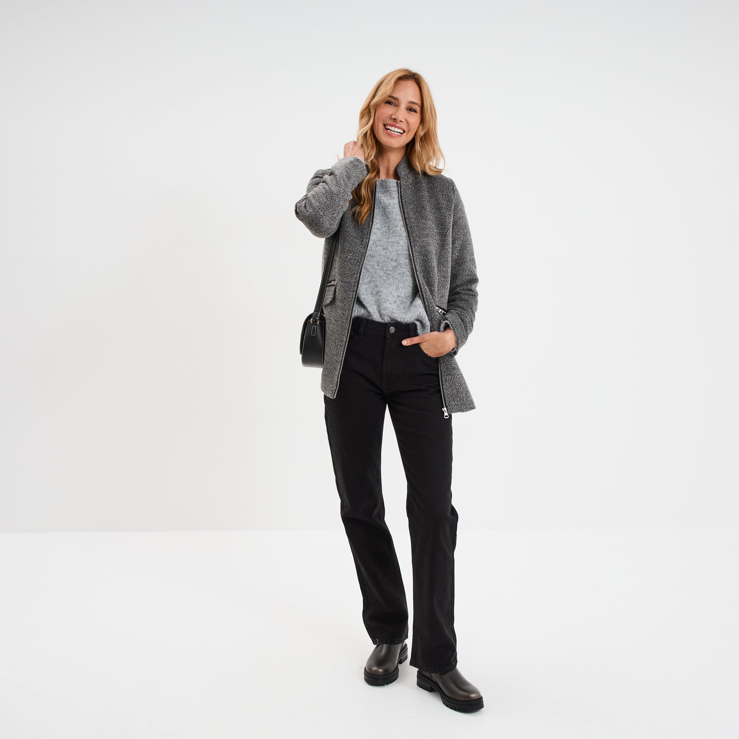 Manteau mi-long cintr&eacute; zipp&eacute; col montant gris fonc&eacute; femme