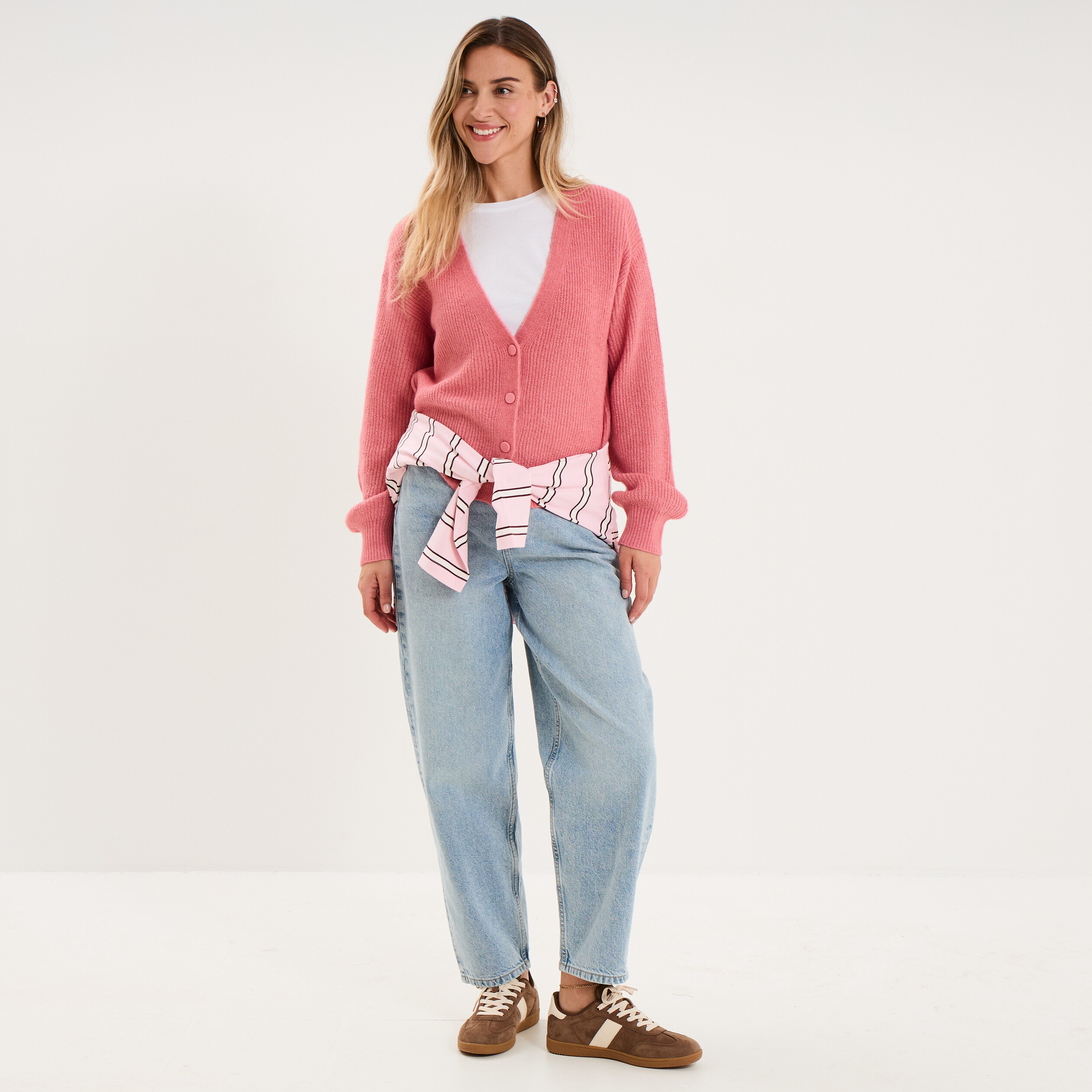 Gilet col en V manches longues ballon vieux rose femme