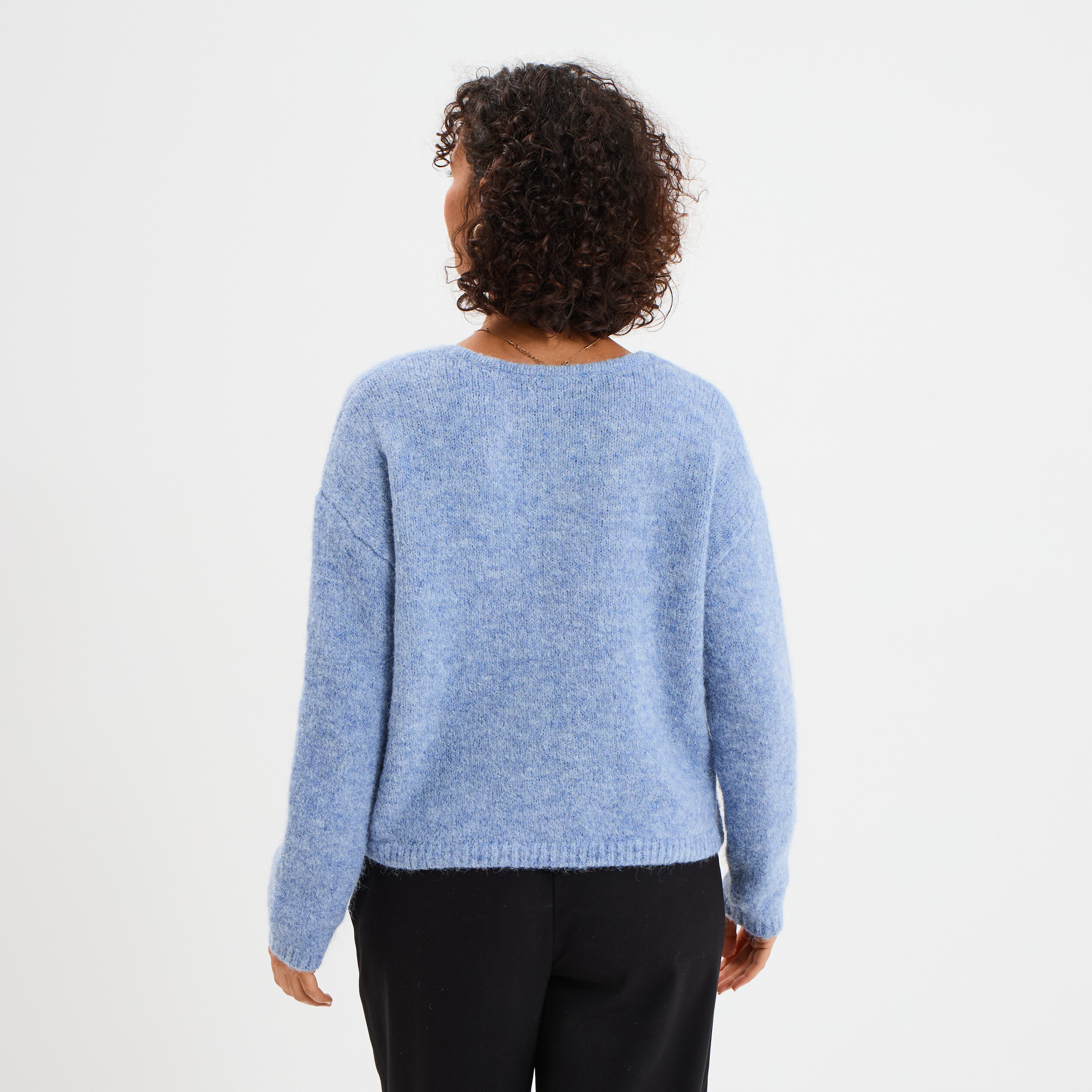 Pull col en V manches longues bleu ciel femme