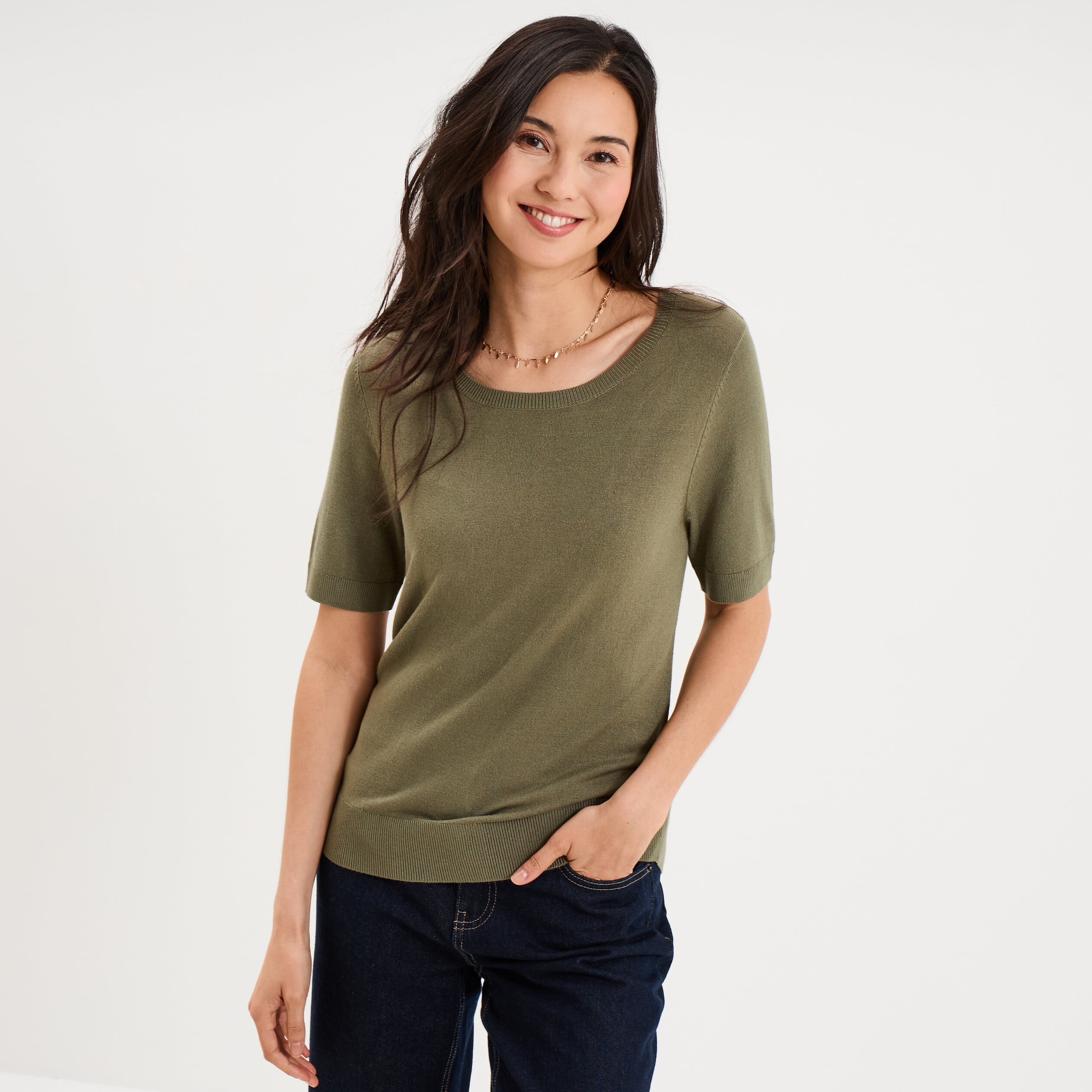 Pull manches courtes col rond vert kaki femme