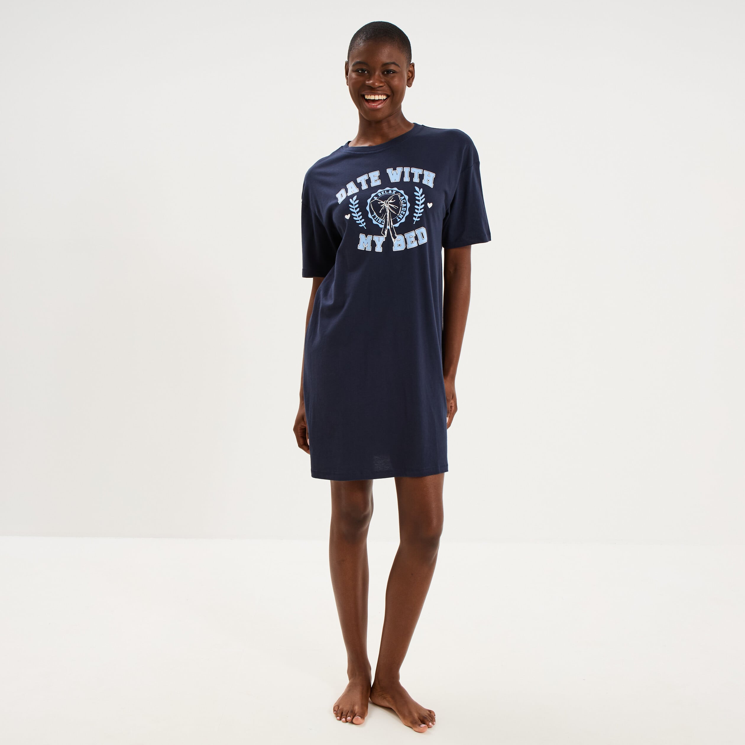 Chemise de nuit courte col rond coton bleu marine femme