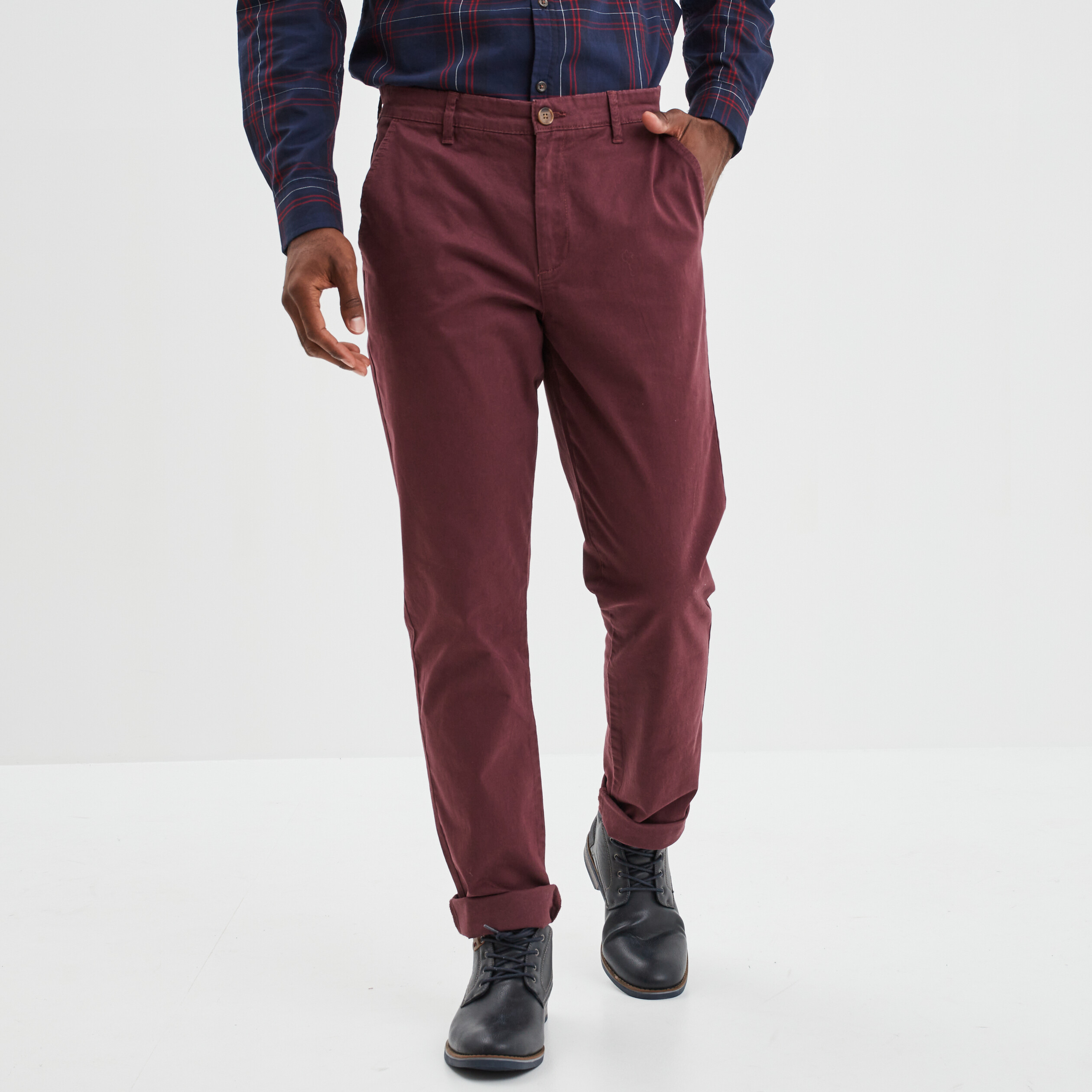 pantalon chino droit stretch retrousse prune homme Pantalon chino droit stretch retroussé prune homme