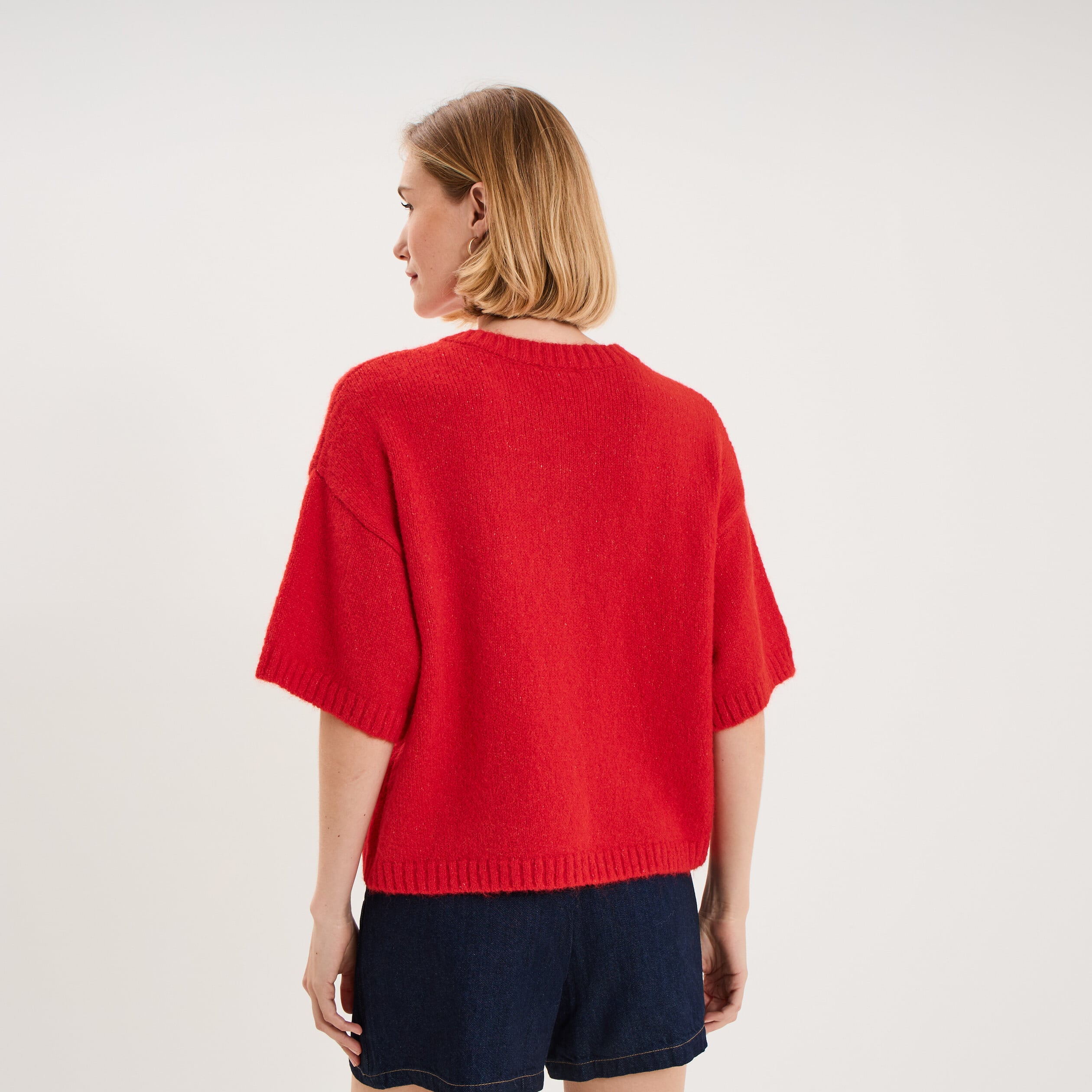 Gilet boutonn&eacute; manches courtes col rond rouge femme
