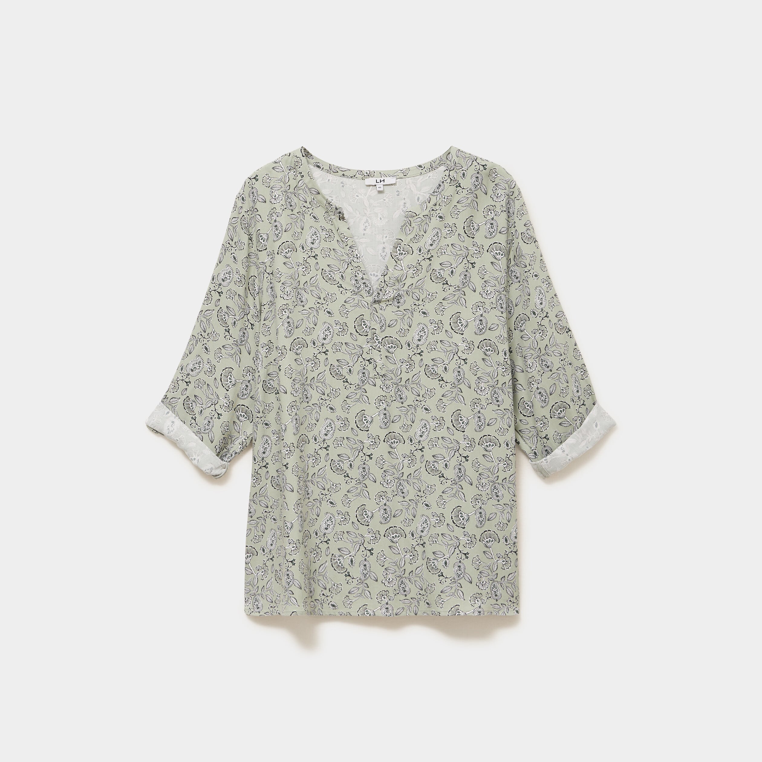 Blouse col tunisien manches 3/4 fluide vert kaki femme grande taille