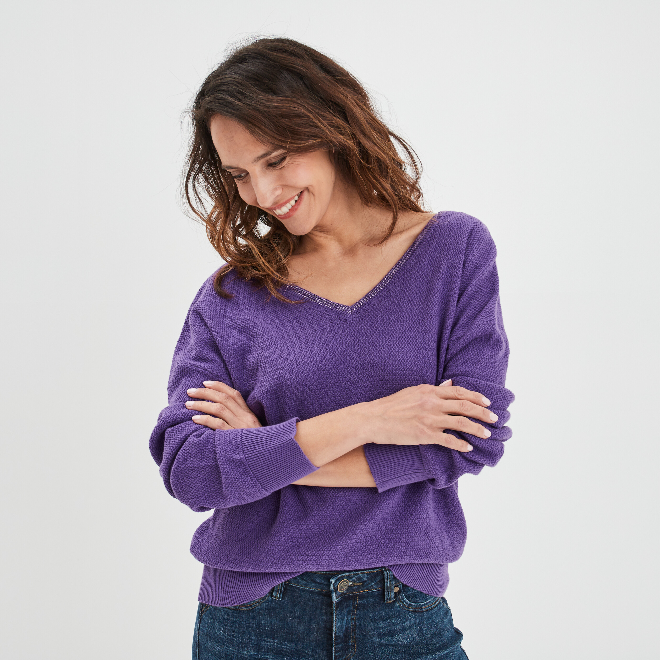 Pull gilet recto-verso col en V violet femme