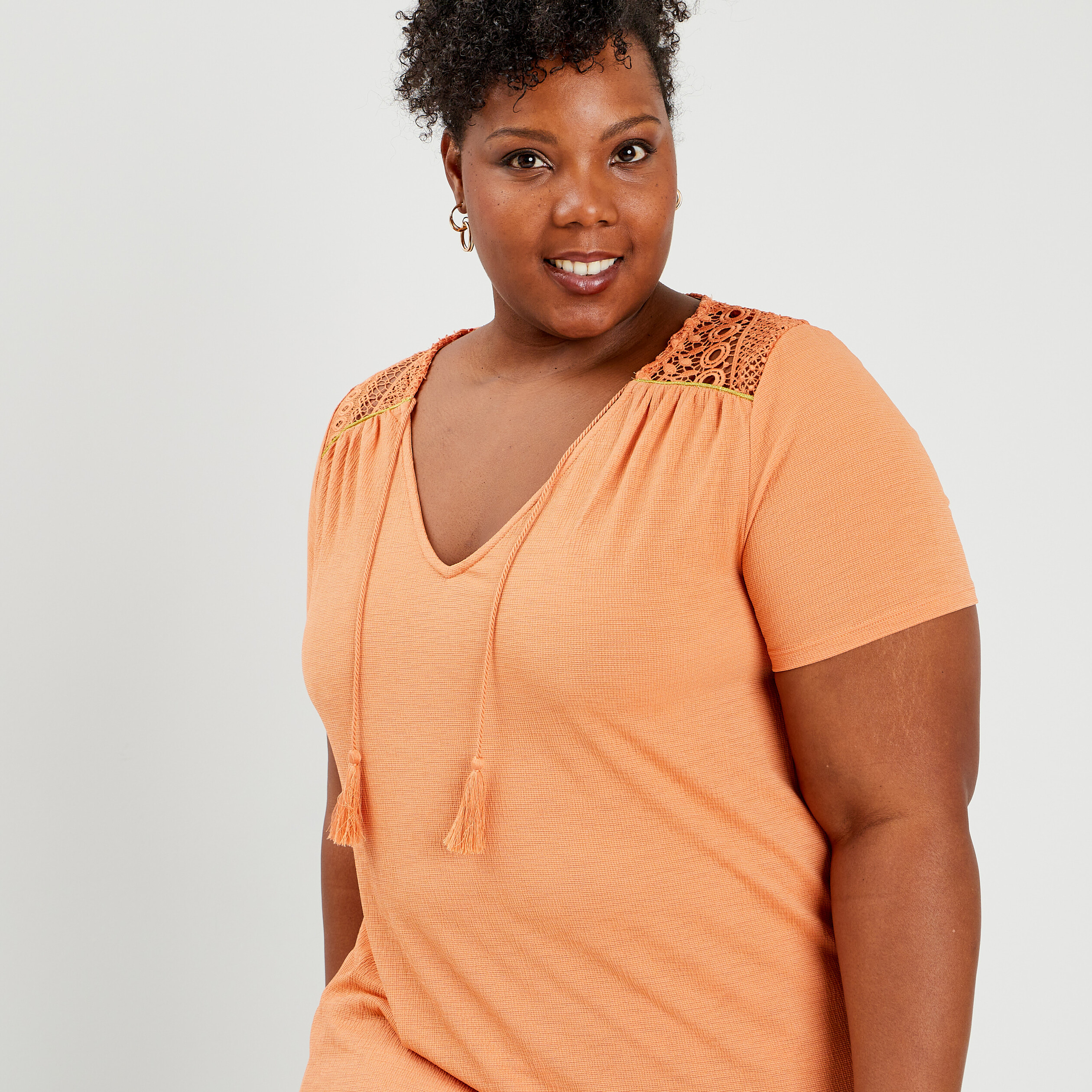T-shirt avec cordons et dentelle orange corail femme grande taille