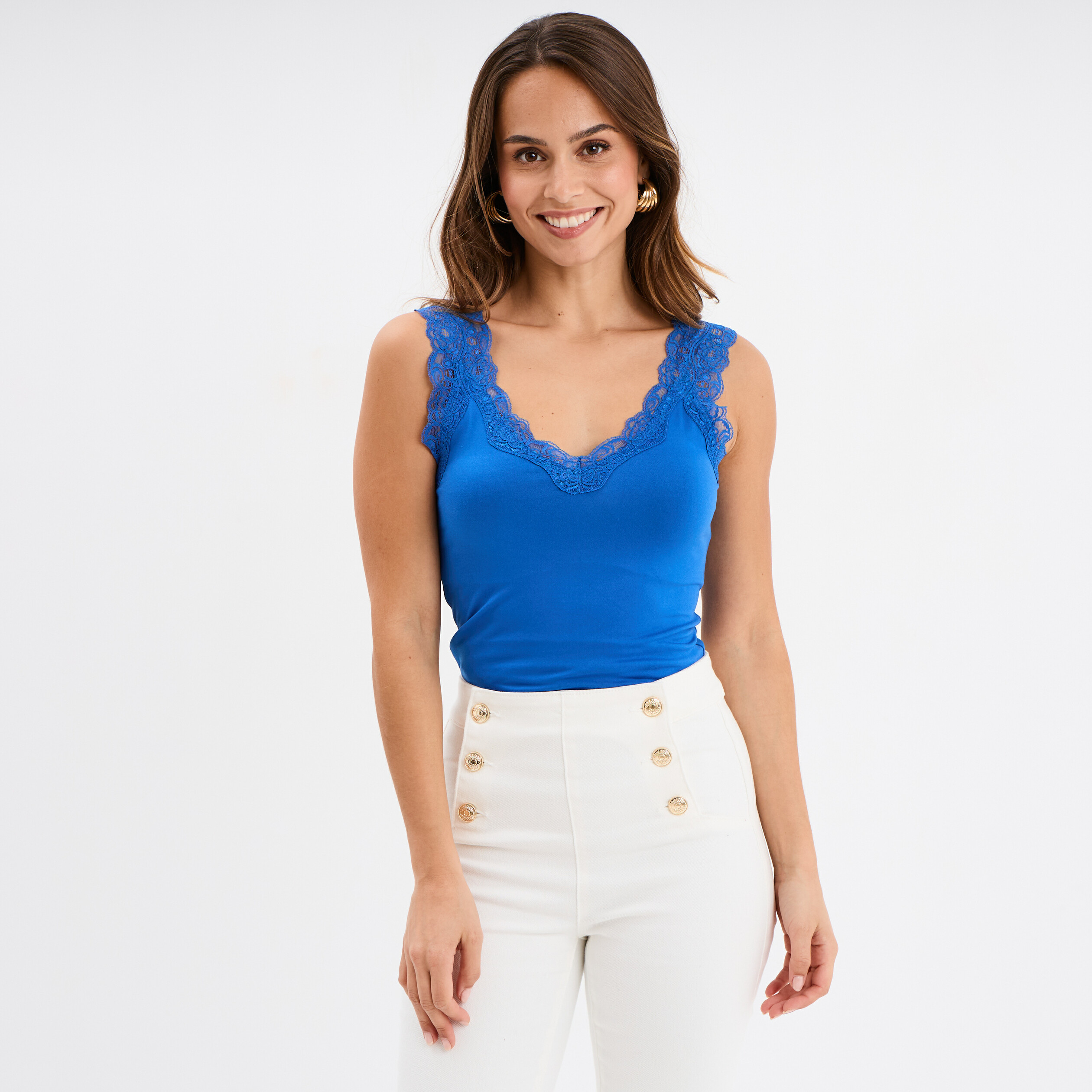 D&eacute;bardeur ajust&eacute; d&eacute;tail dentelle bleu roi femme