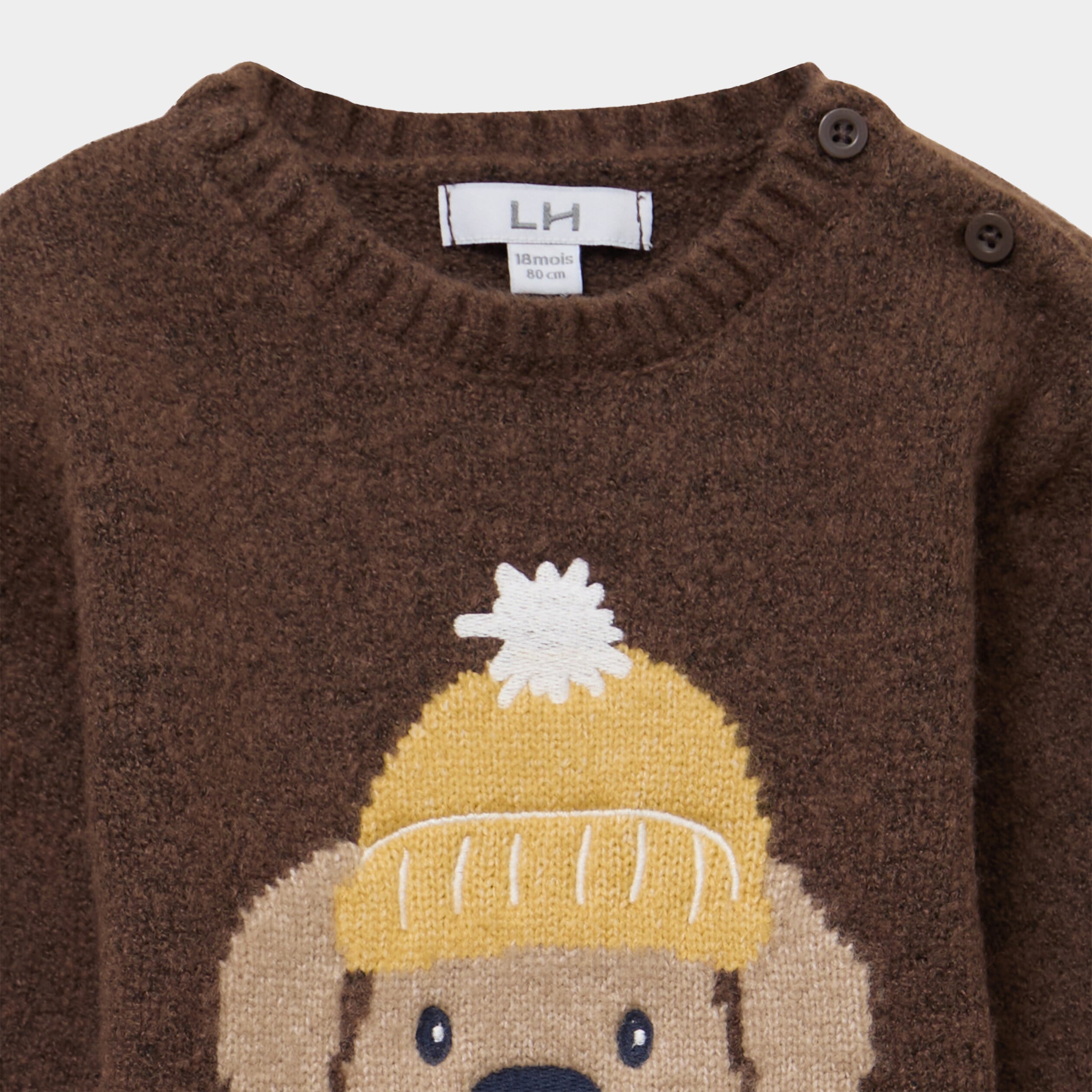 Pull col rond boutons &eacute;paule marron fonc&eacute; b&eacute;b&eacute; gar&ccedil;on