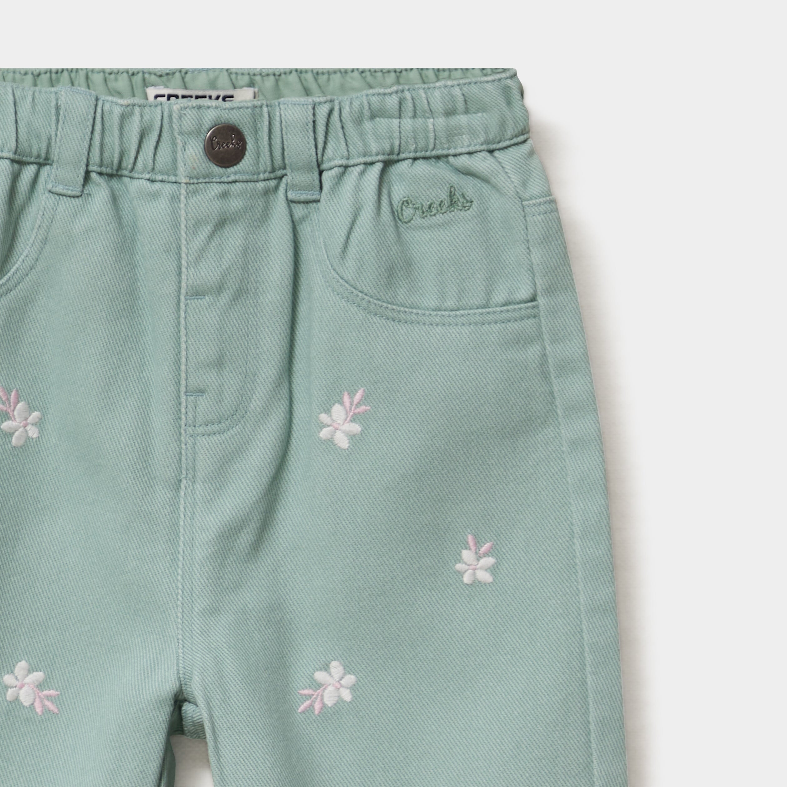 Pantalon ample brod&eacute; coton vert pastel b&eacute;b&eacute; fille