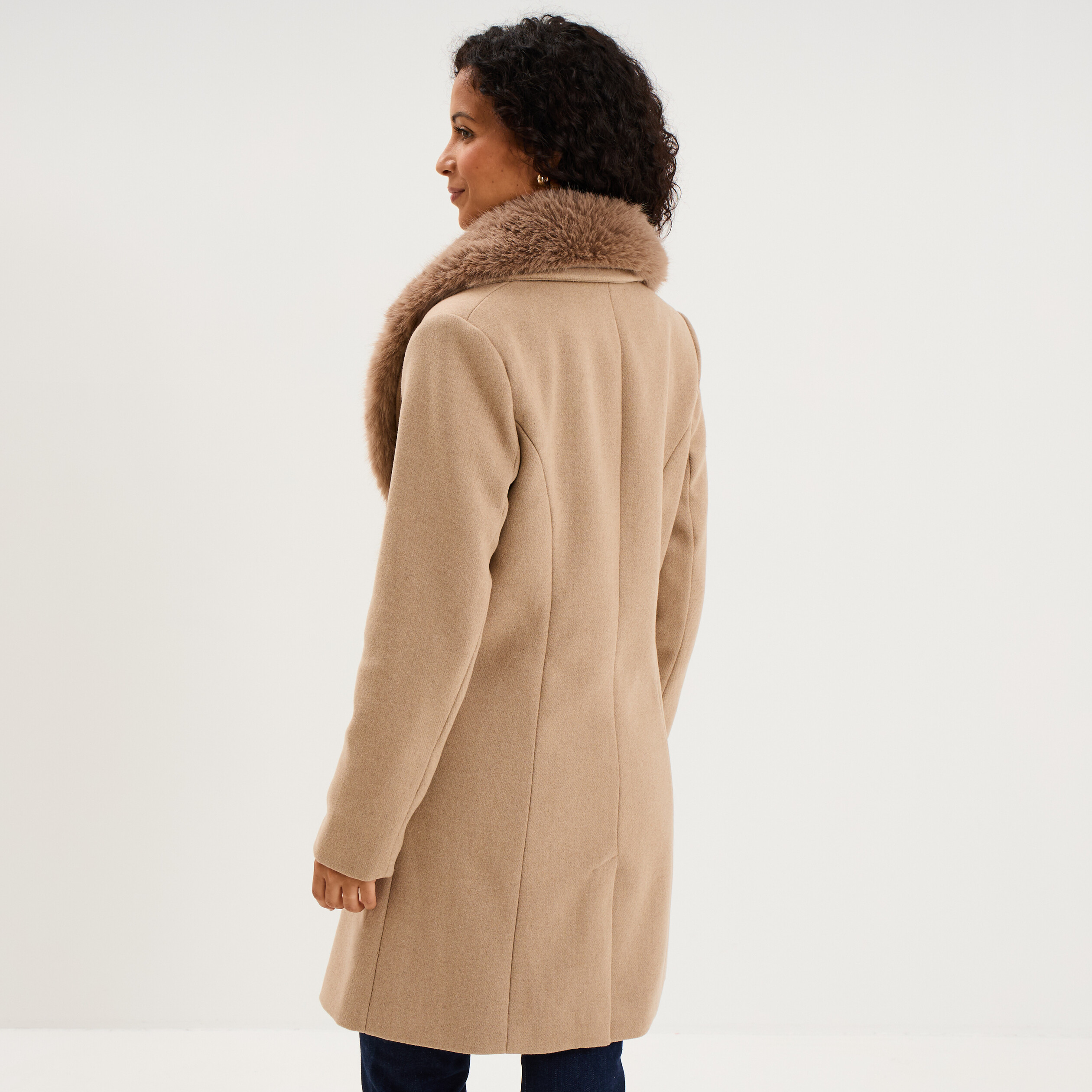 Manteau col fausse fourrure amovible taupe femme