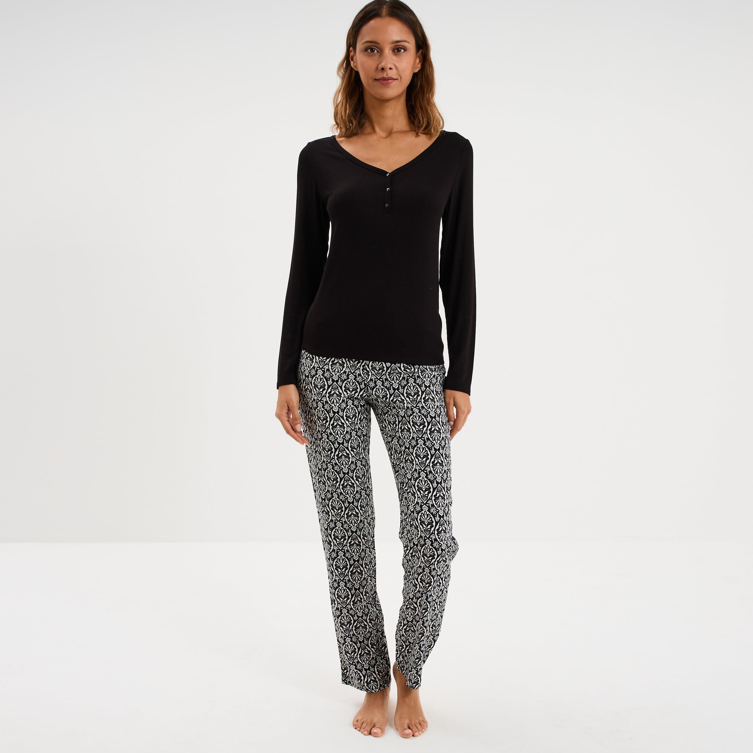 Ensemble pyjama manches longues 2 pi&egrave;ces noir femme