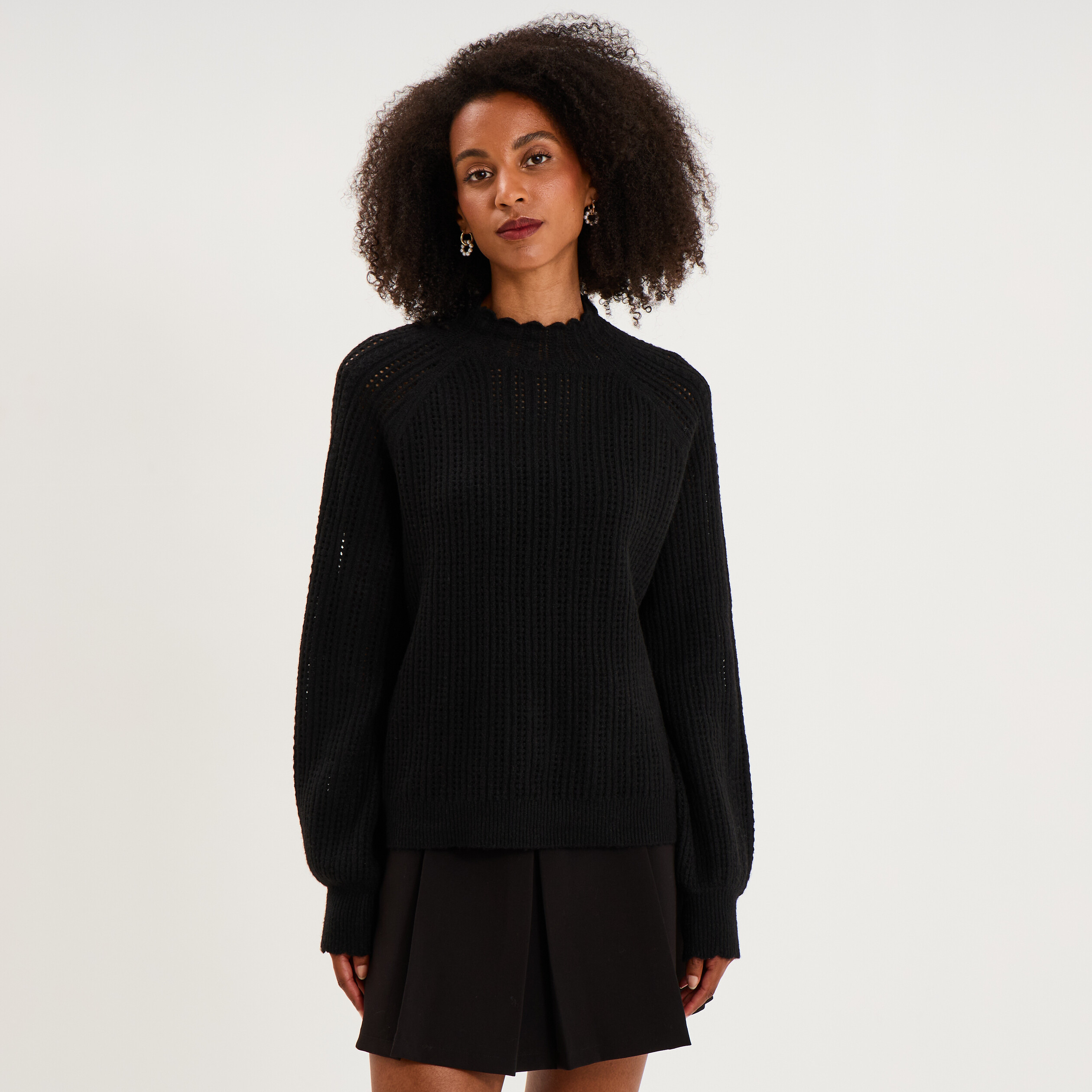 Pull col montant textur&eacute; manches longues noir femme