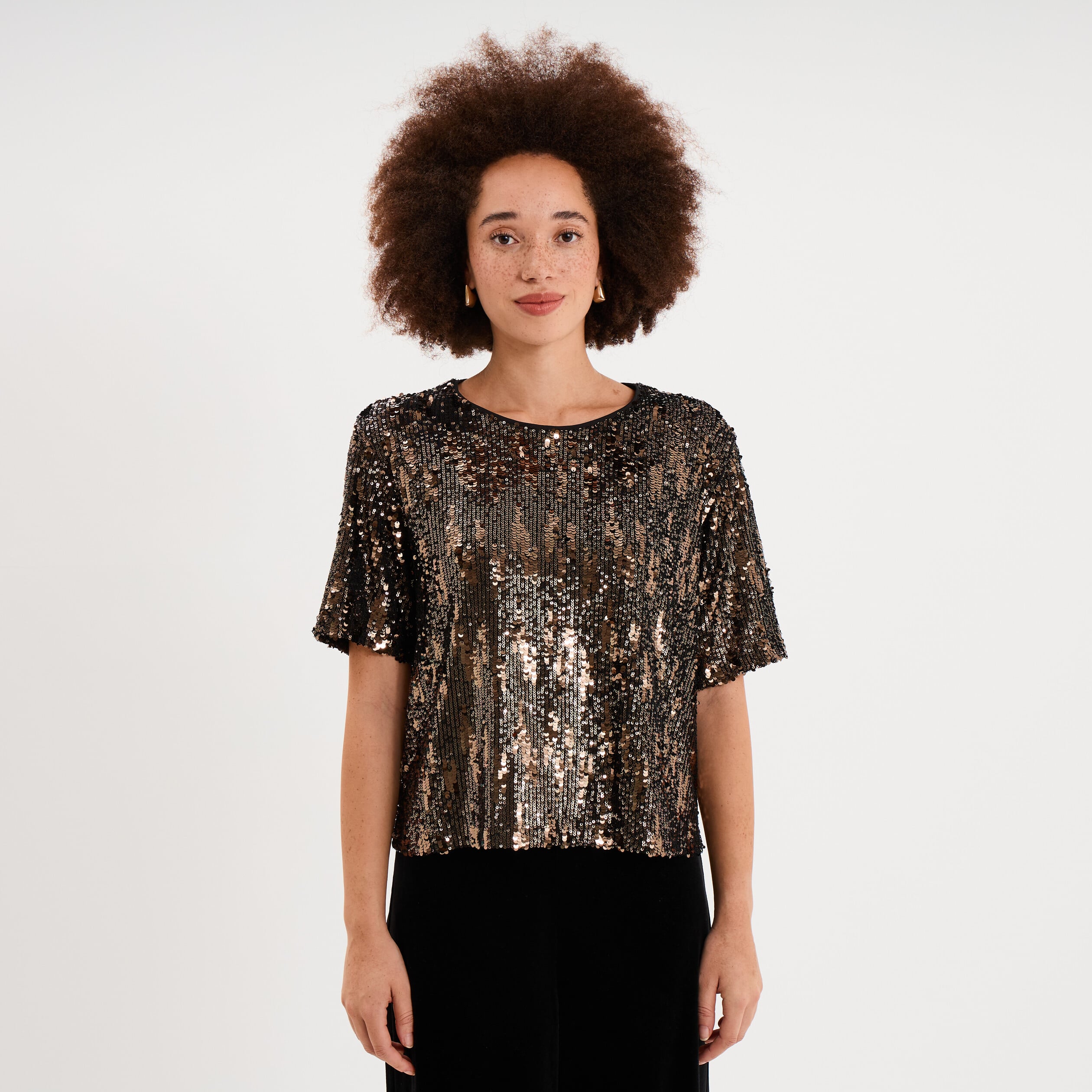T-shirt &agrave; sequins manches courtes couleur cuivre femme