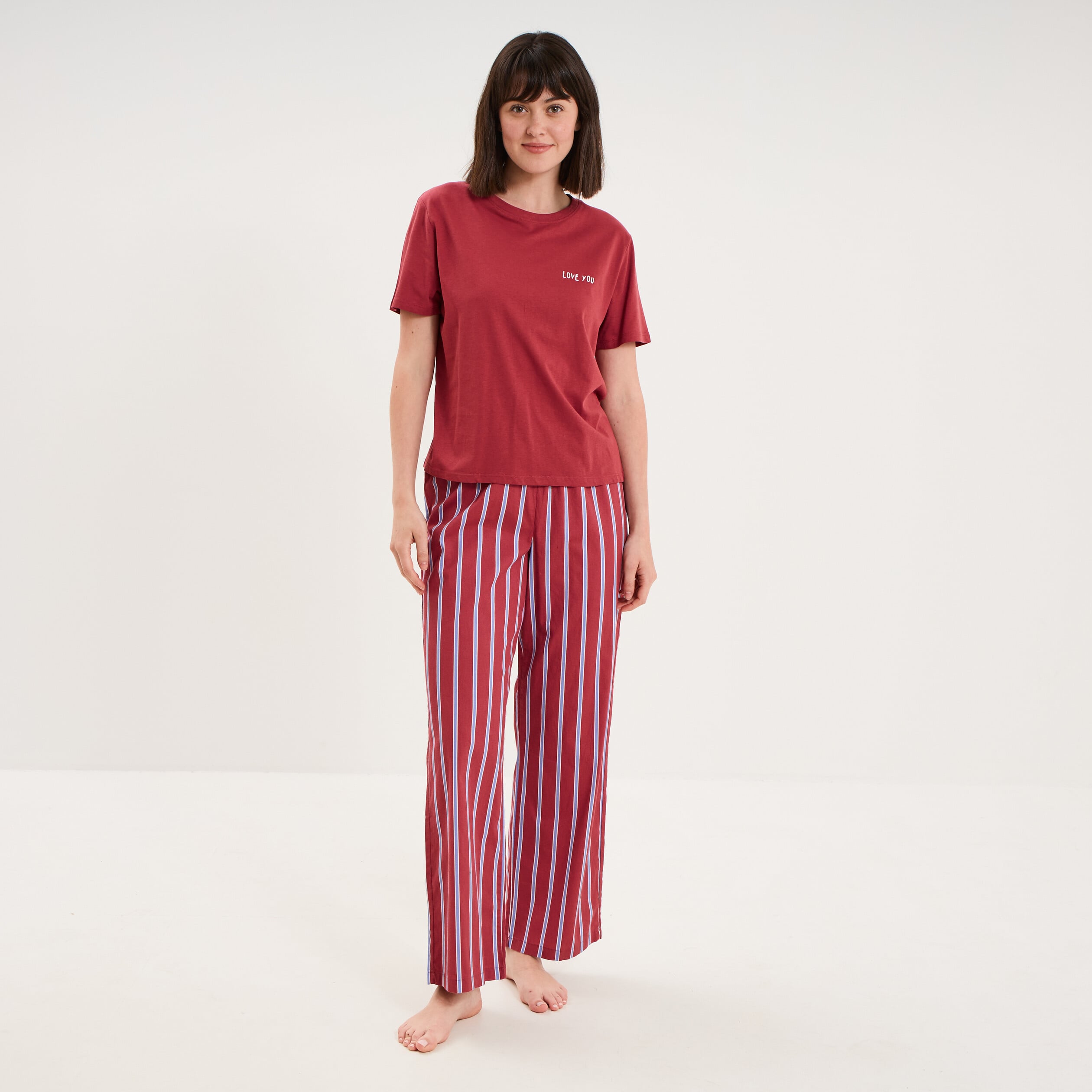 T-shirt col rond manches courtes coton rouge fonc&eacute; femme