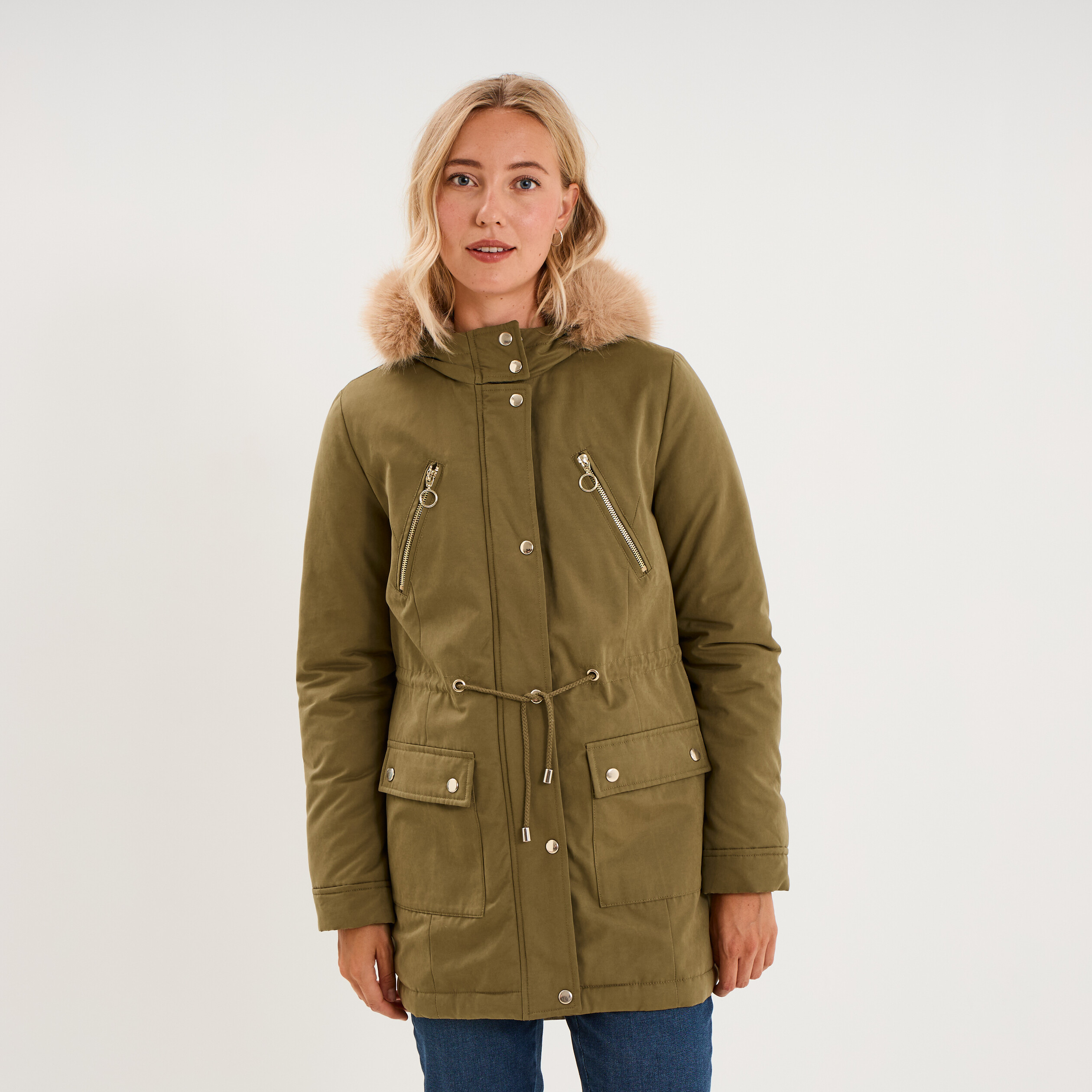 Parka cintr&eacute;e capuche fausse fourrure vert kaki femme